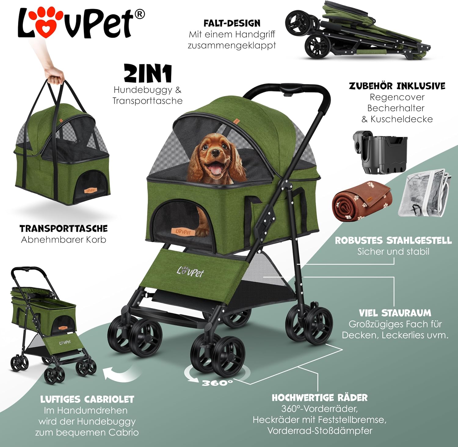 Detalle de LOVPET 2in1 Hundebuggy: faltbar, transportabel und robust für Hunde bis 20 kg