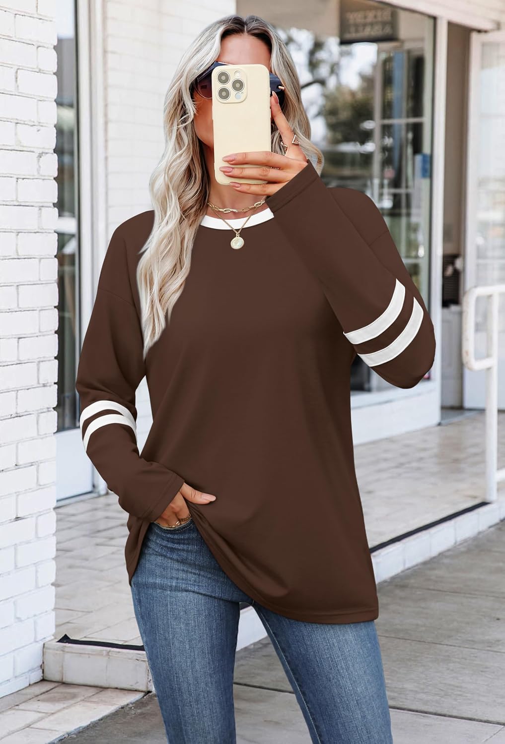 Detalle de Sampeel Color-Block Long Sleeve Shirt for Women, Crew Neck with Striped Sleeves