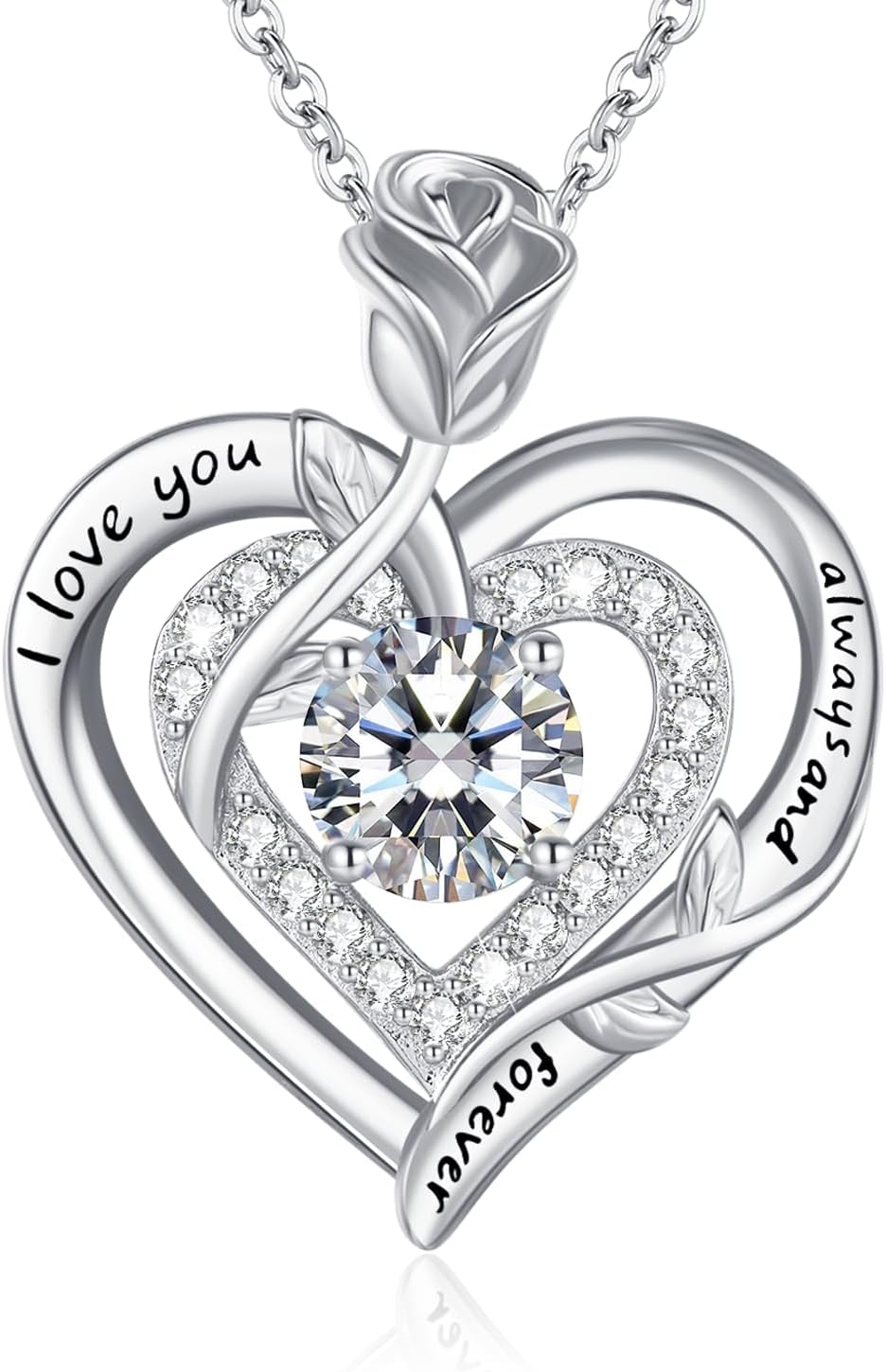 Detalle de LAVUMO Moissanite Halskette Damen aus 925 Sterling Silber mit Doppel-Herz Rosen-Anhänger