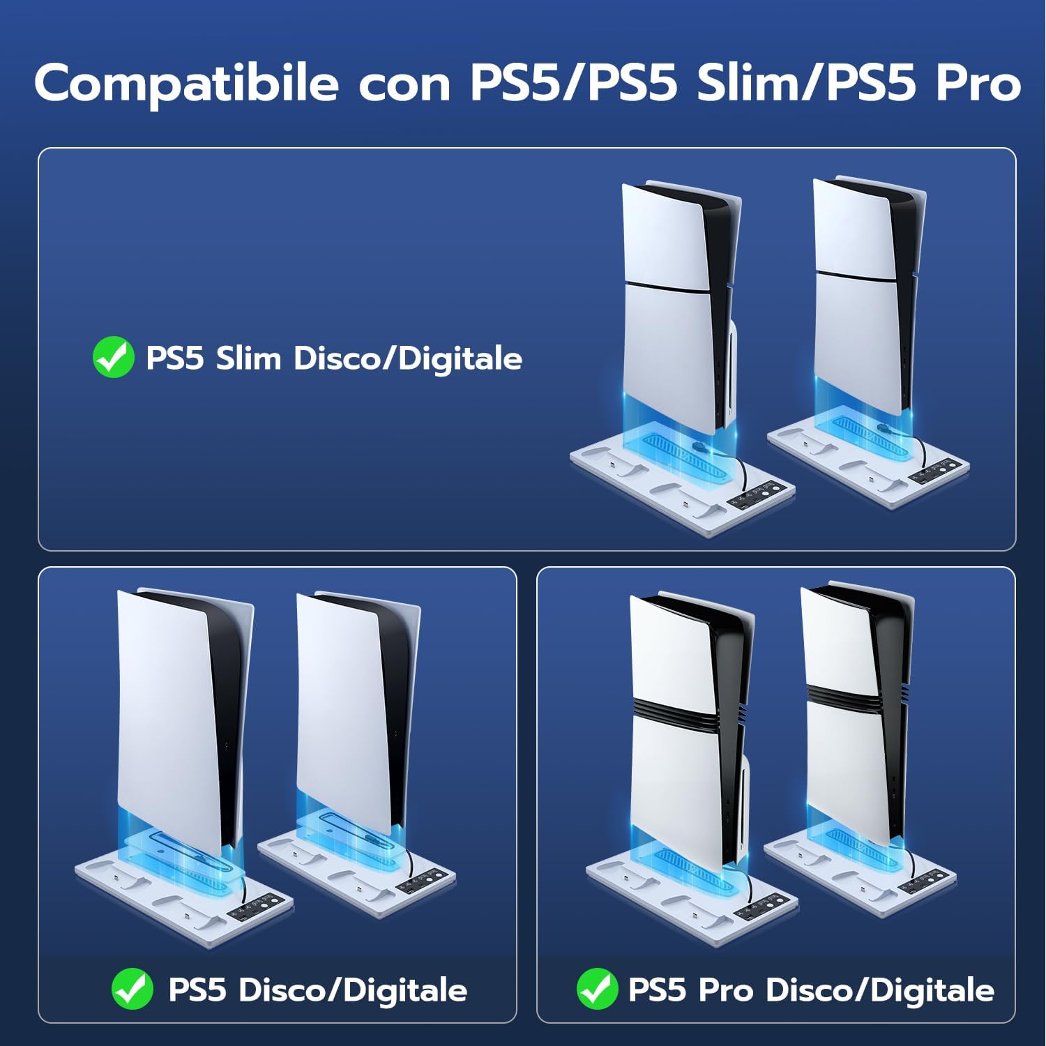Detalle 2 de Tolesum supporto verticale con raffreddamento e ricarica per PS5/PS5 Pro/PS5 Slim con doppio controller, ventola 3 velocità e RGB