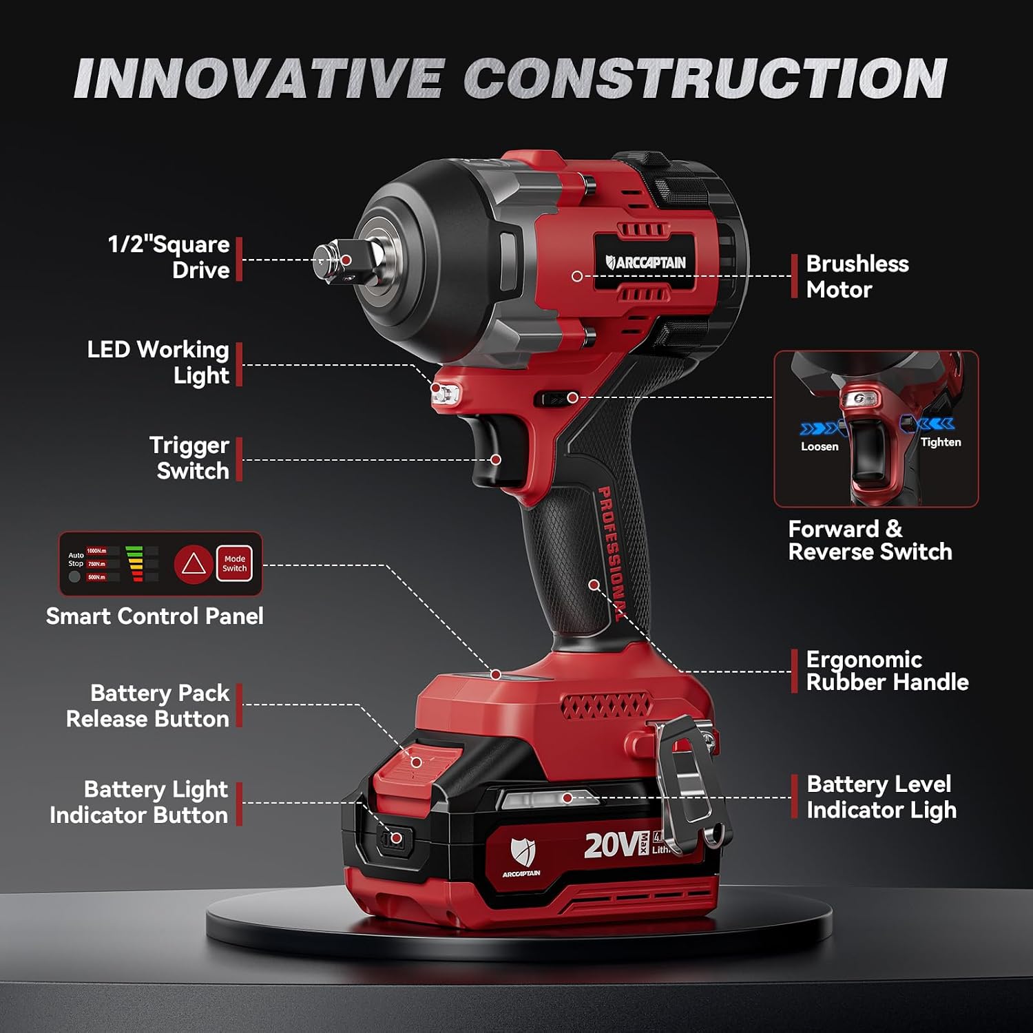 Thumbnail 6 de ARCCAPTAIN Cordless Impact Wrench, 1500 N·m, 1/2-Inch Drive, 2 Batteries
