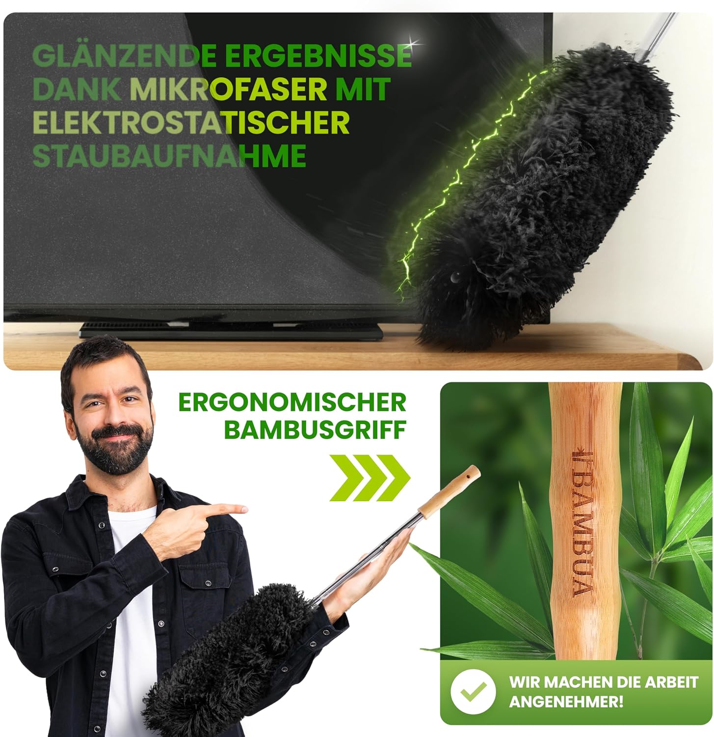 Detalle de BAMBUA Staubwedel Teleskop (240 cm) – Effektive Staub- &, Spinnenwebenentfernung mit Mikrofaser