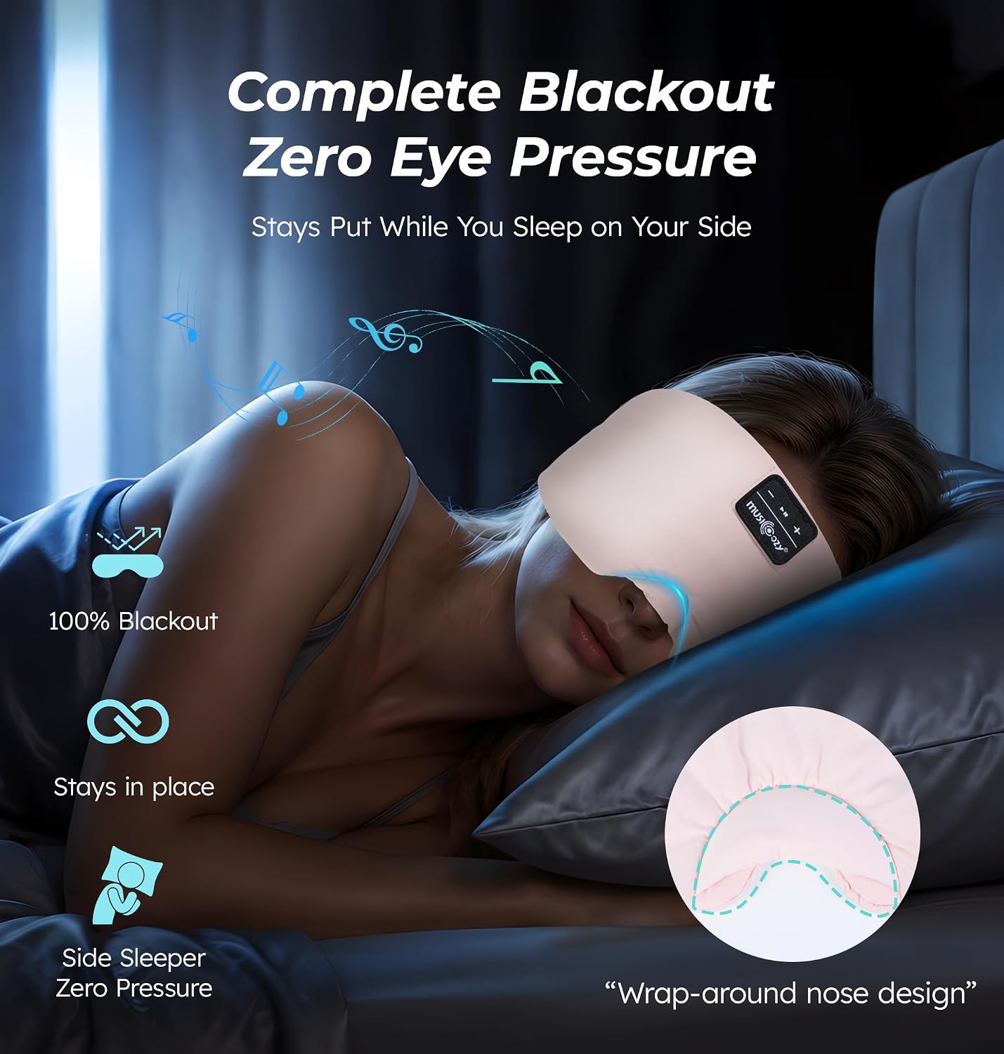 Detalle de Sleep Mask with Bluetooth Headphones (Pink) — 100% Blackout Silk Eye Mask with Built‑in Soft Headphones