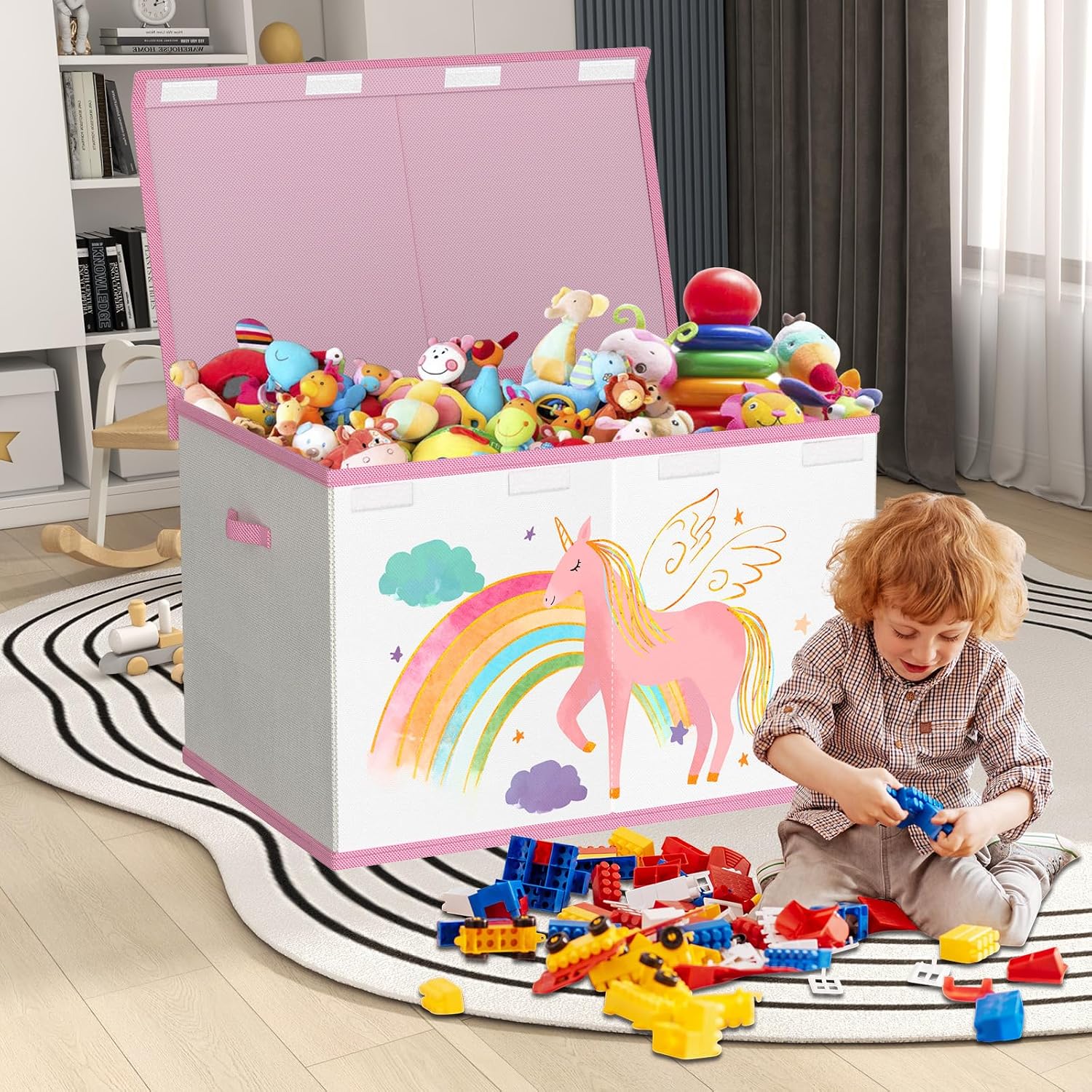 Detalle 2 de VERONLY Toy Storage Box with Lids for Girls and Boys – Large, Foldable Fabric Chest in Beige & Pink