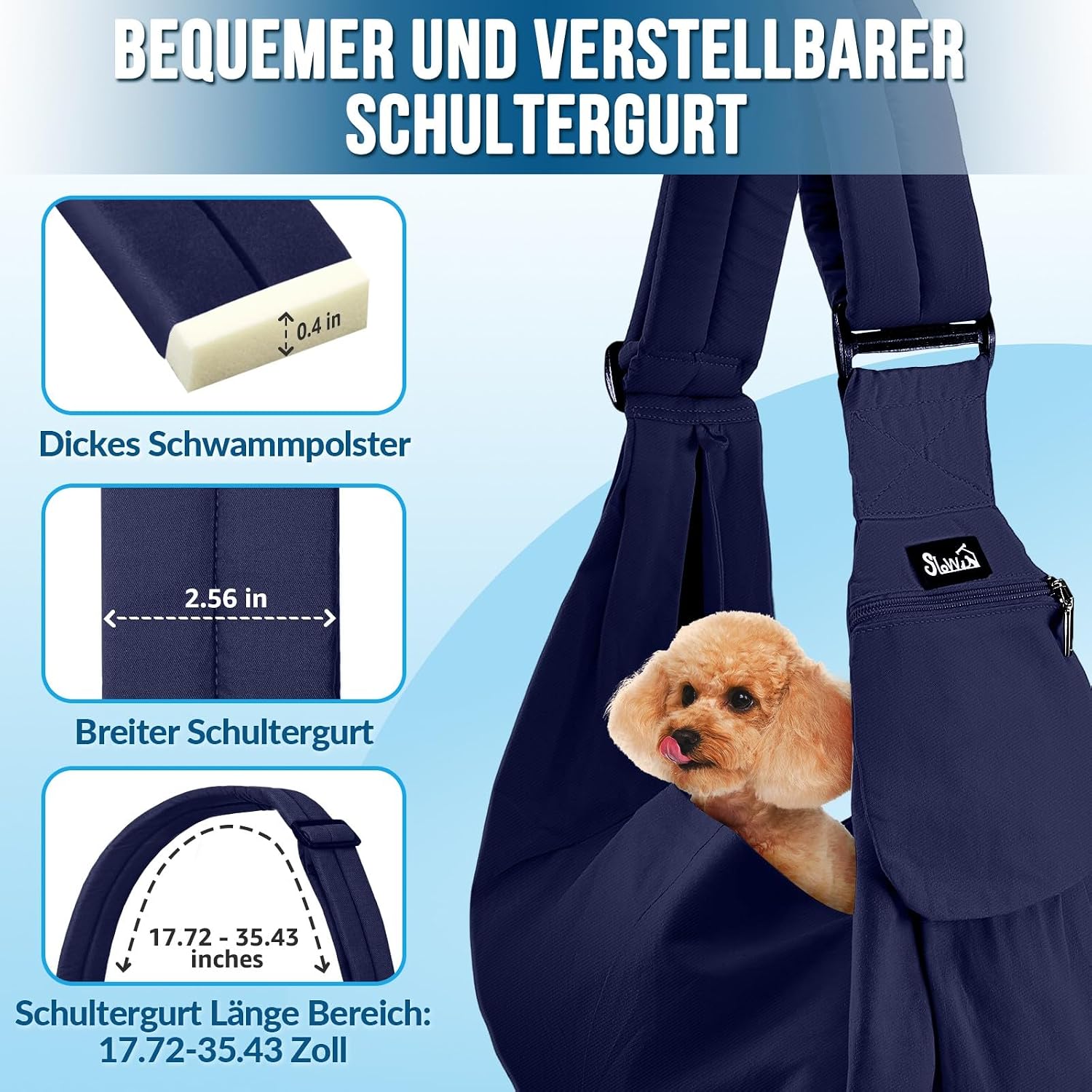 Detalle de SlowTon Hundetragetasche Sling Carrier – dunkelblau, gepolsteter und verstellbarer Schultergurt (L, für 4,5–7,2 kg)