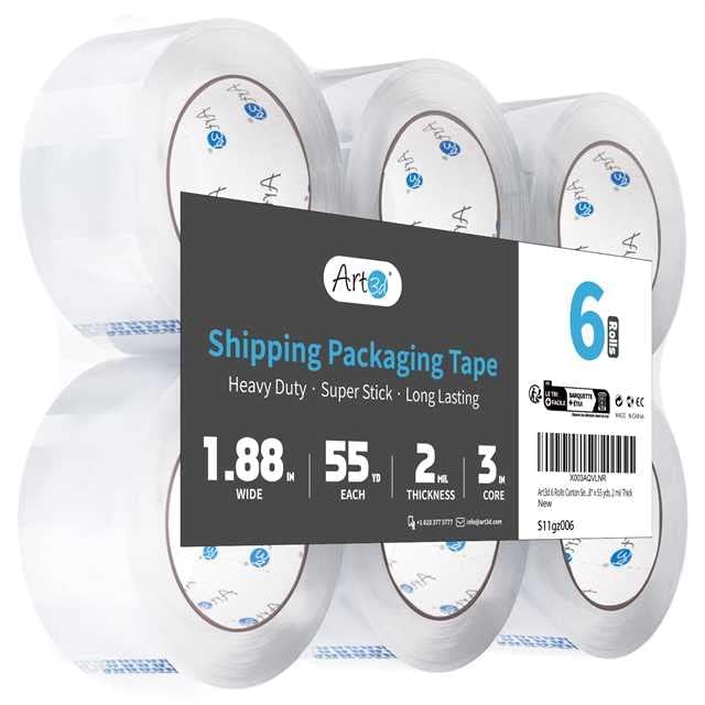 Detalle de Art3d S11006 Clear Packing Tape, 6 Rolls, 1.88 in x 55 yds, 2 mil