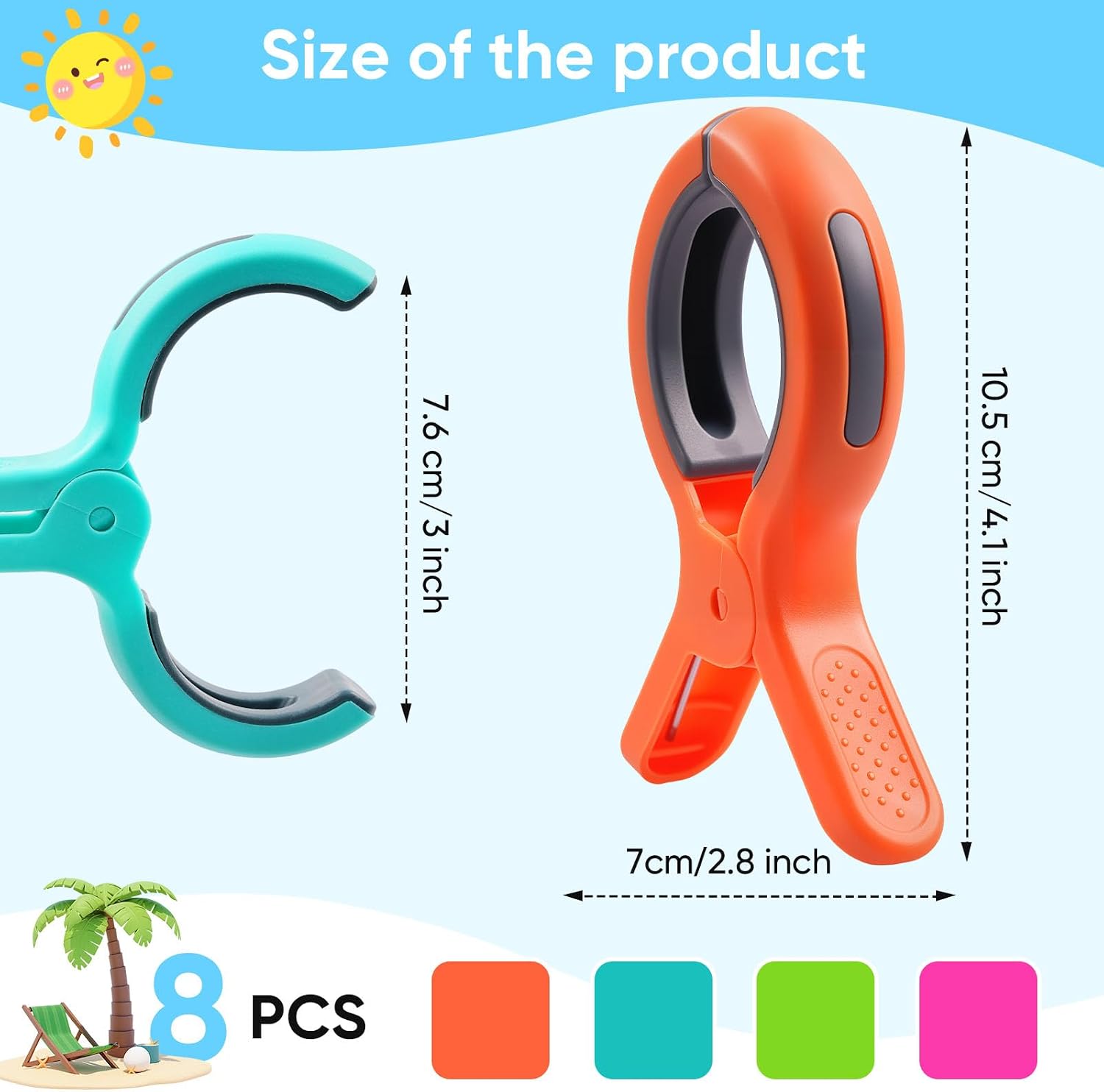 Detalle de 8 Pcs Large Beach Towel Clips for Sun Loungers – Extra Strong, Windproof & Bright