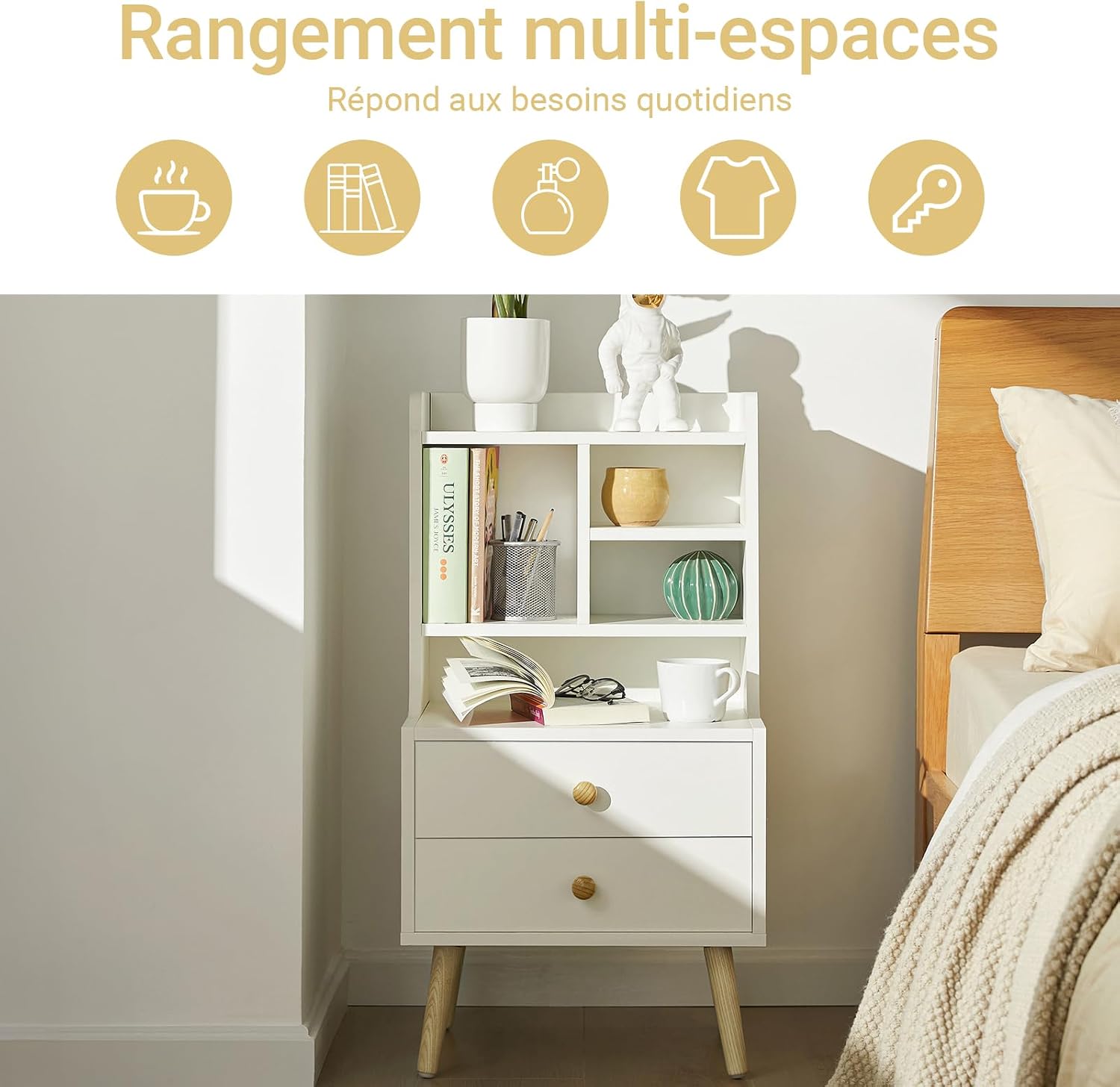 Detalle 2 de SoBuy Table de Nuit Moderne FBT100-W avec Tiroirs et Étagères Ouvertes – Chevet en bois de pin blanc