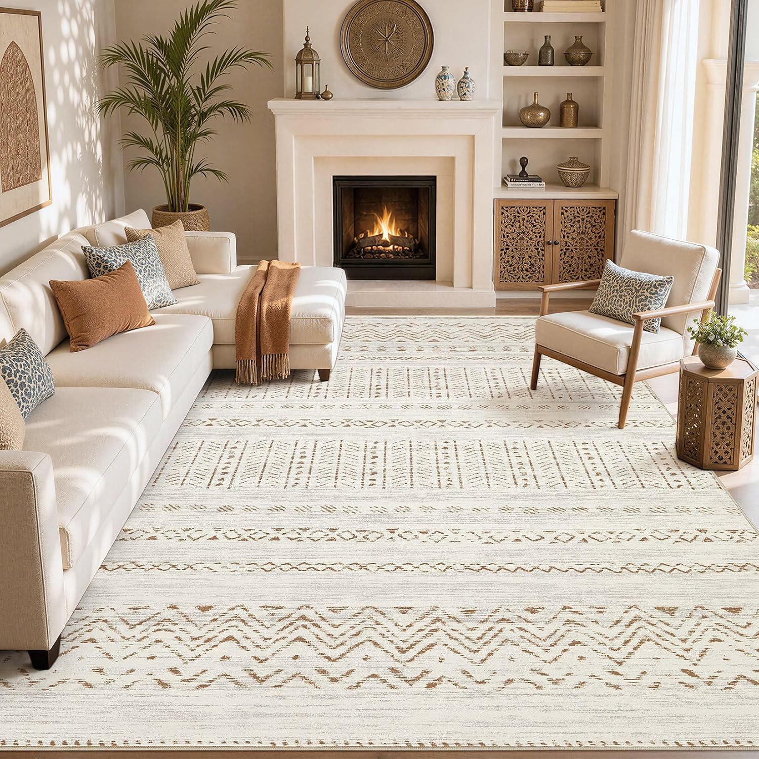Thumbnail 6 de cotiled Y24006A Boho Area Rug, 10' x 14', Washable Brown/Cream