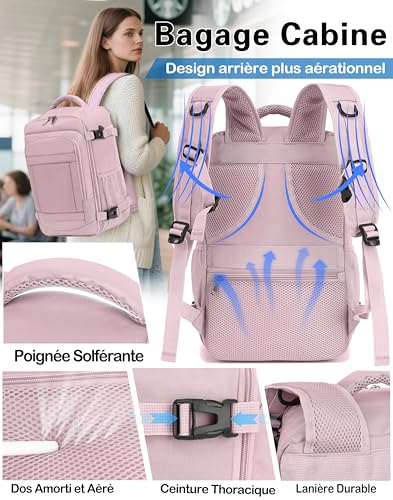Thumbnail 4 de KLOSTAIN Sac à Dos Voyage Cabine Avion 45x36x20 cm – 30 L, pour ordinateur 14 pouces (Rose poudré)
