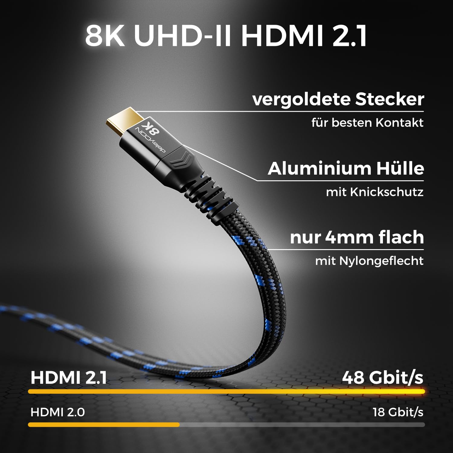 Detalle de deleyCON 3,0 m Flaches HDMI 2.1 Kabel – 8K/4K Gaming-Kabel für TV, Monitor, PS4/PS5, Xbox, Dolby Atmos & ARC/eARC