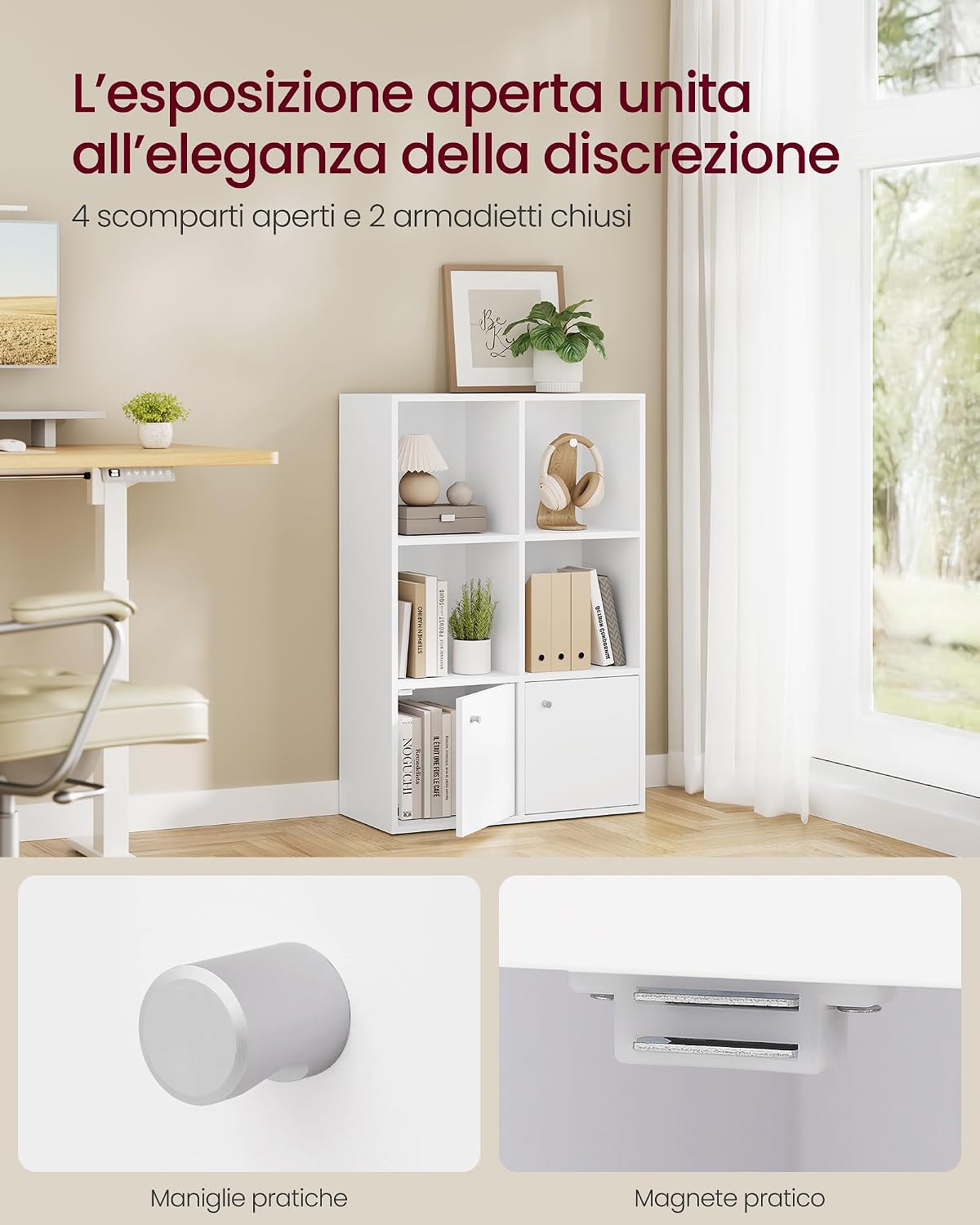 Detalle de VASAGLE Libreria LBC506WB01: Scaffale a 3 Ripiani in Bianco Nuvola con Ante, 29 x 65,8 x 97,8 cm