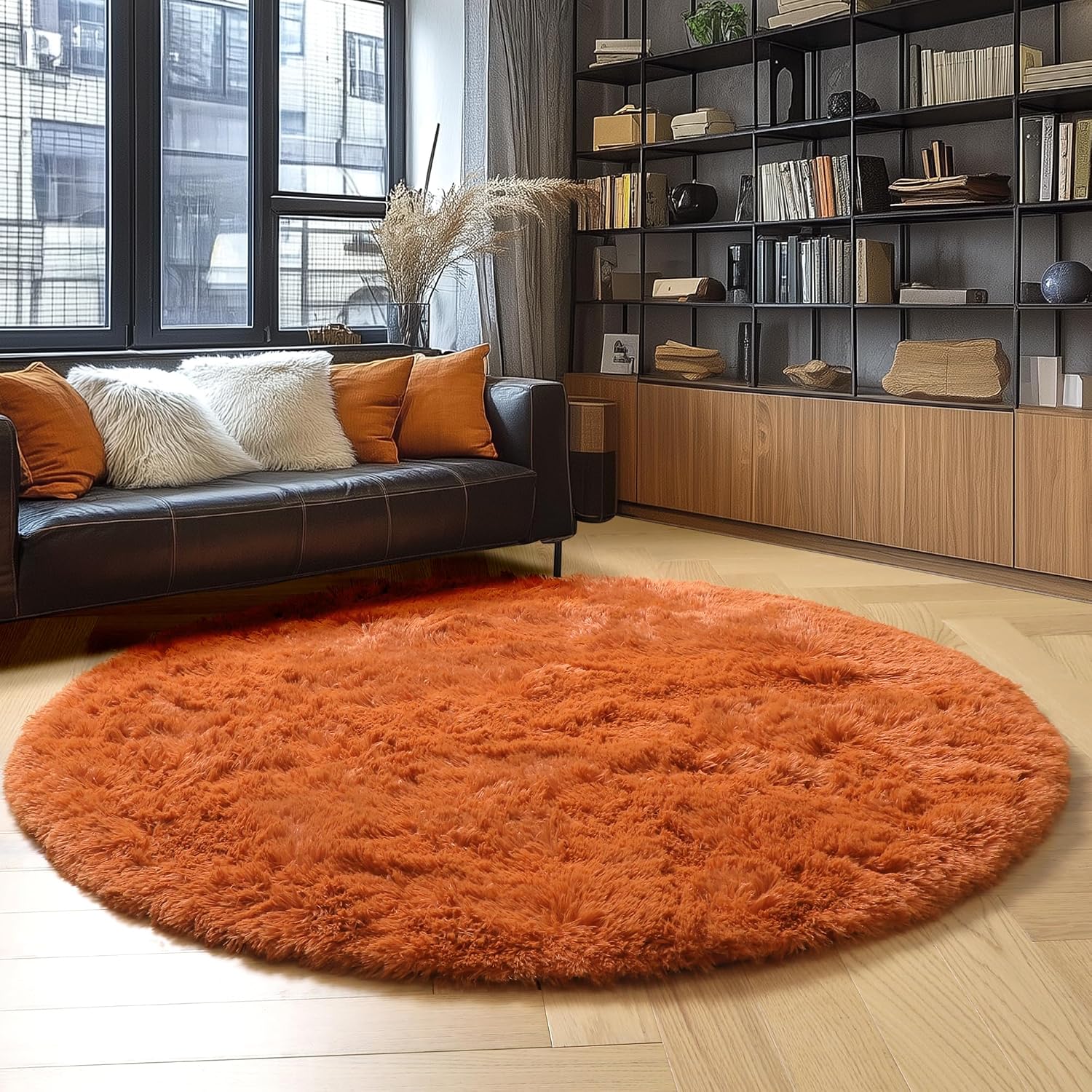 Thumbnail 5 de Amdrebio 7-Ft Burnt Orange Round Shag Area Rug, Plush Microfiber