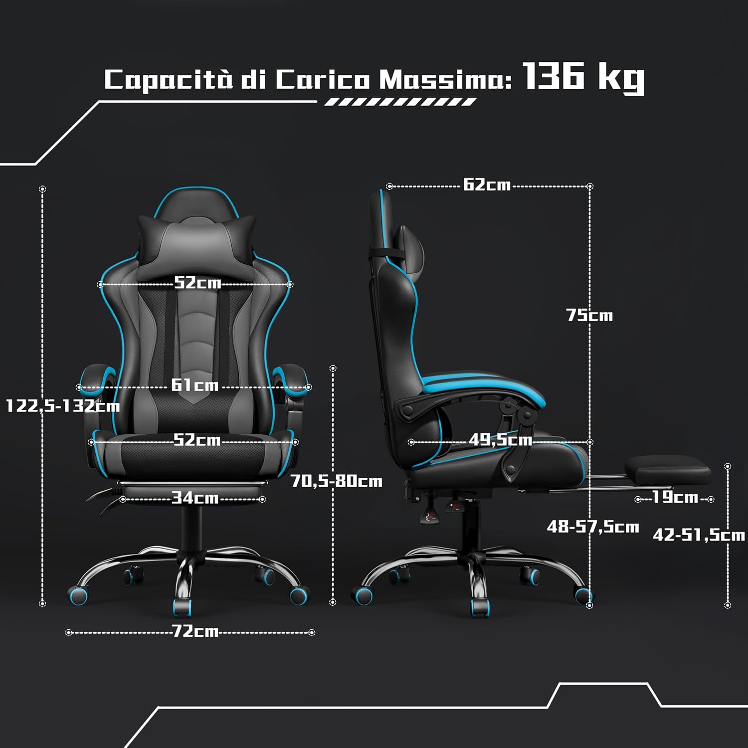 Detalle de Yaheetech sedia gaming ergonomica massaggiante reclinabile con poggiapiedi e supporto lombare, grigio