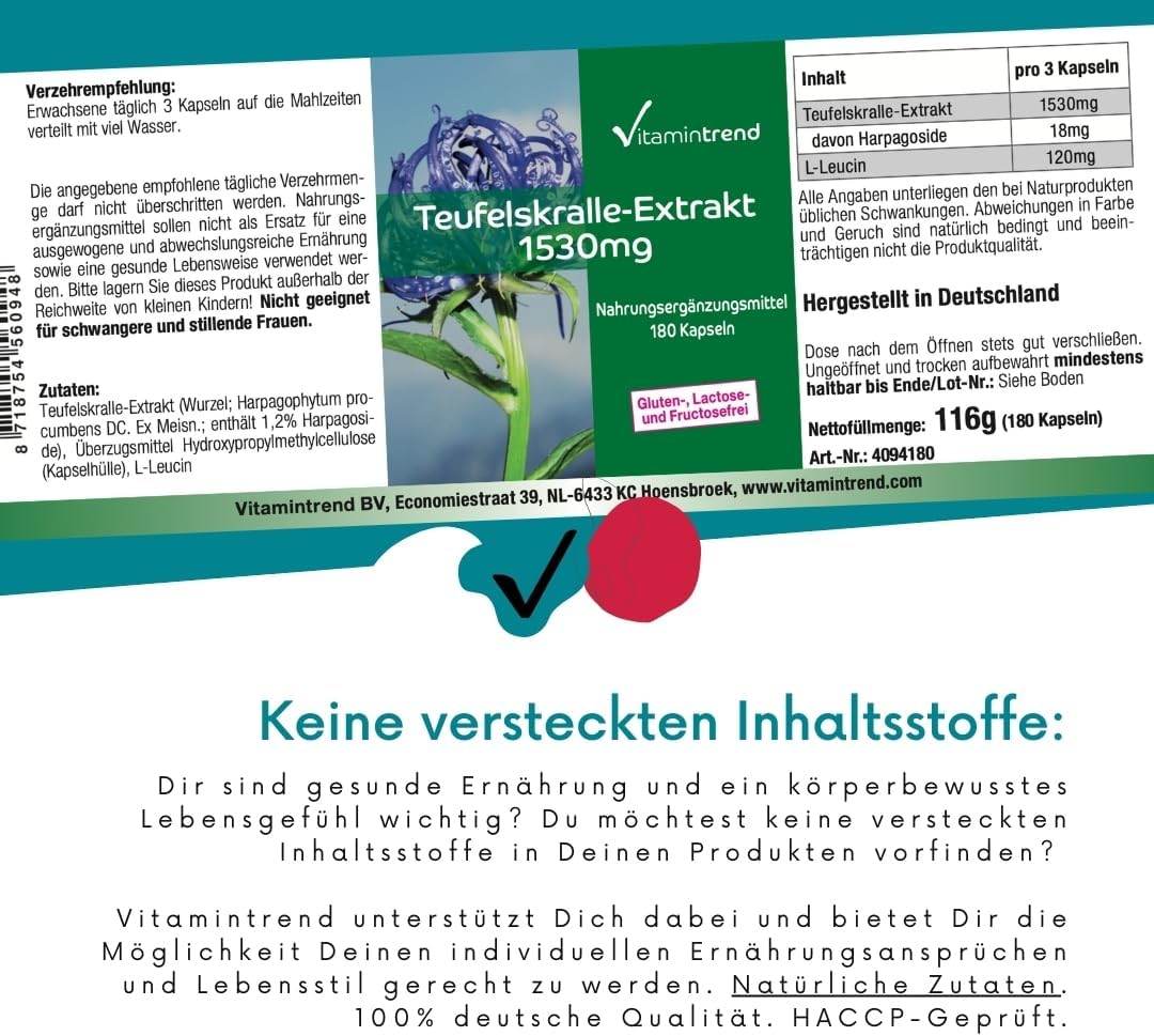 Detalle 2 de Vitamintrend Teufelskralle Hochdosiert 1530 mg Extrakt – 180 Kapseln, vegan, ohne Zusätze, in Deutschland hergestellt