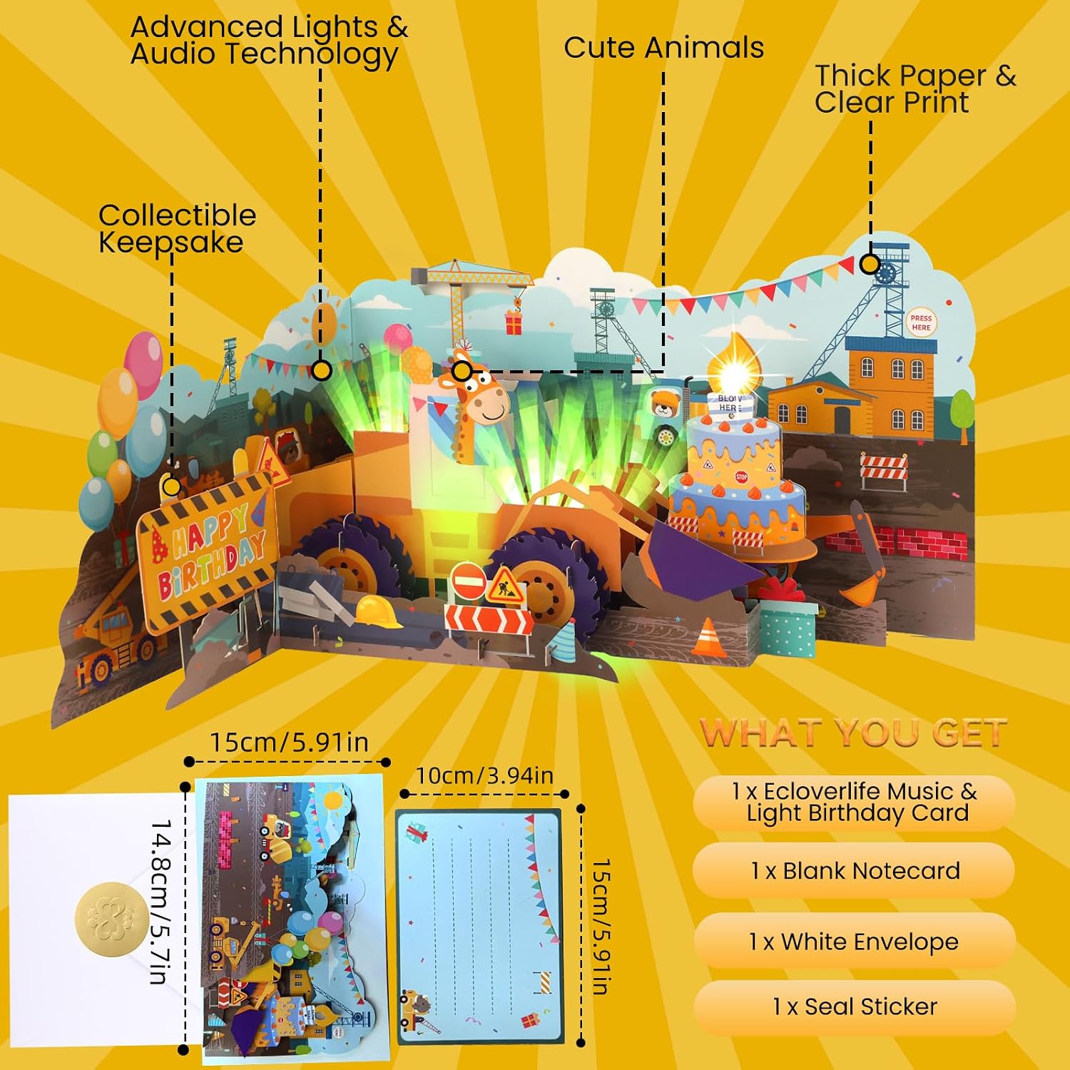 Thumbnail 5 de Musical Birthday Card for Kids: 3D Bulldozer Pop-up with Lights, Sounds & Blowable Candle