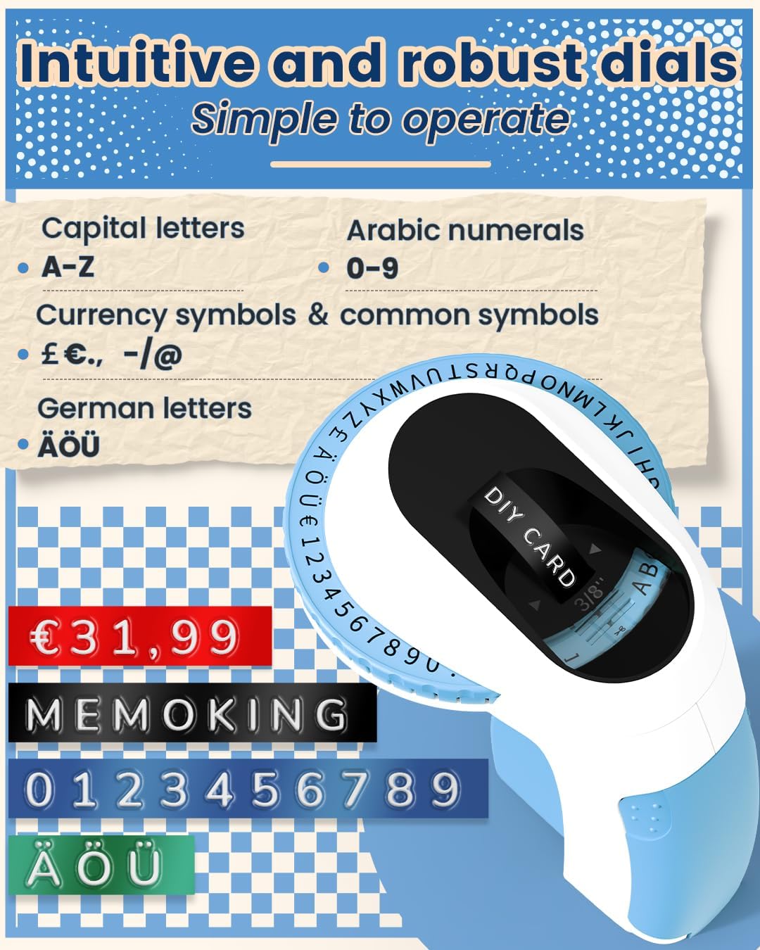 Detalle de Memoking E975 MK-E975-3-BU reliëflabelmaker met 48 tekens en 3 rollen