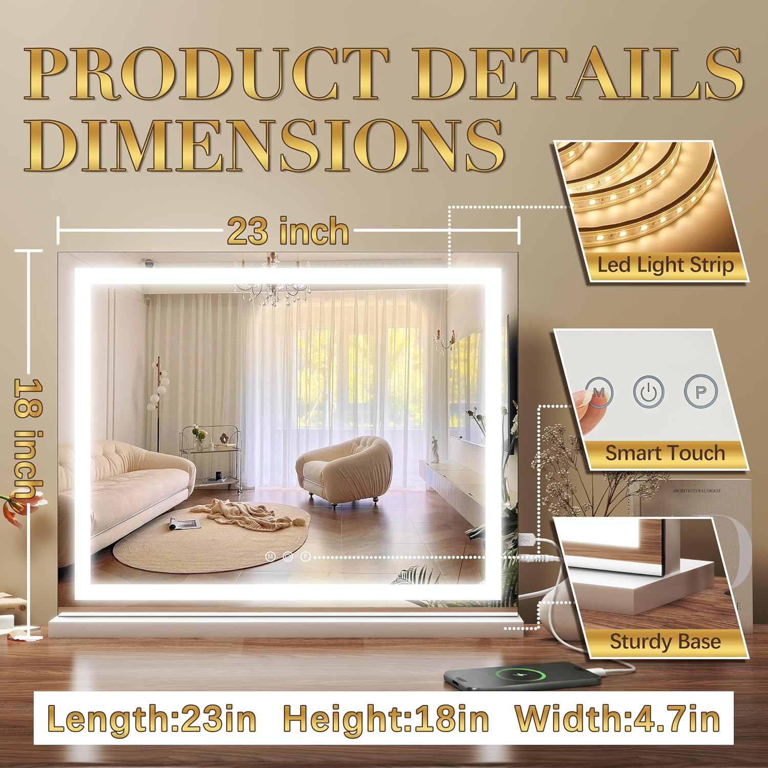 Thumbnail 2 de ROLOVE 23x18 Inch Lighted Vanity Mirror with 3-Color Dimmable LED & Touch Controls