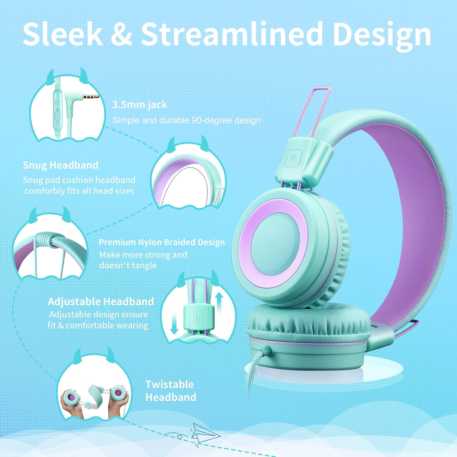 Detalle 2 de POWMEE P10 Kids Headphones with Microphone — Adjustable, Foldable On-Ear Stereo for School, PC, and Phone (Green)