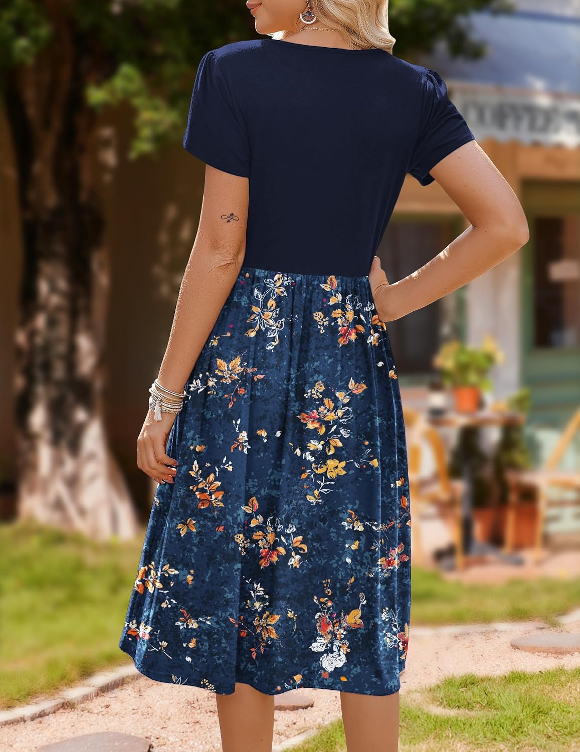 Thumbnail 3 de ZEAGOO Sommerkleid Damen – Blumenmuster, A‑Linie, Kurzarm, mit Taschen, Taille durch Bindegürtel betont