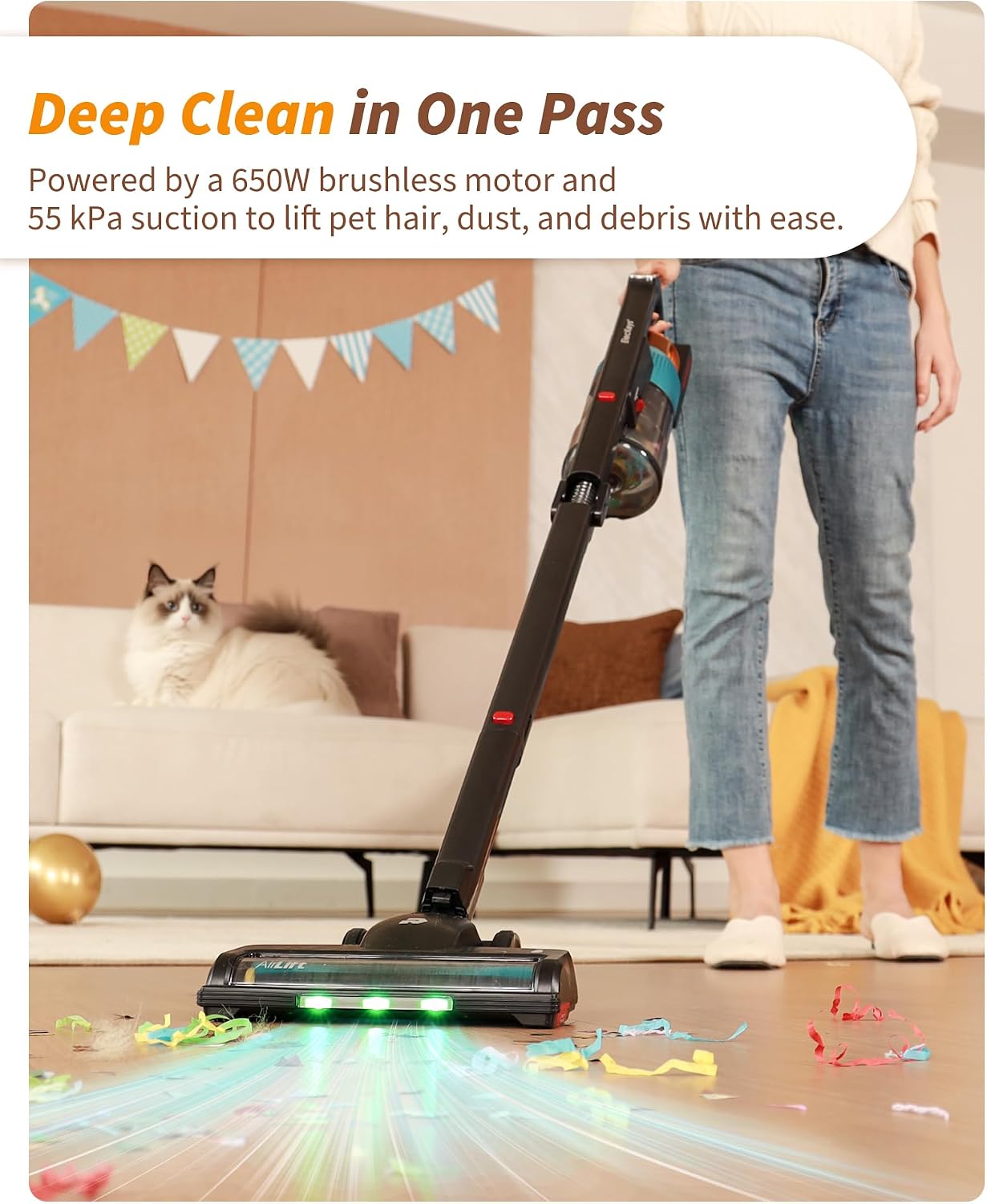Detalle de Eleckeys Cordless Vacuum Cleaner, 650W: Lightweight, 65-Minute Runtime, 180° Foldable Wand