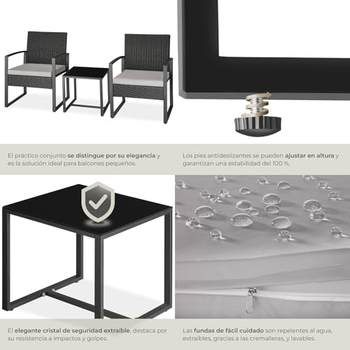 Detalle de tectake TecTake conjunto de jardín exterior para 2 personas con 2 sillas de ratán y mesa con tablero de vidrio