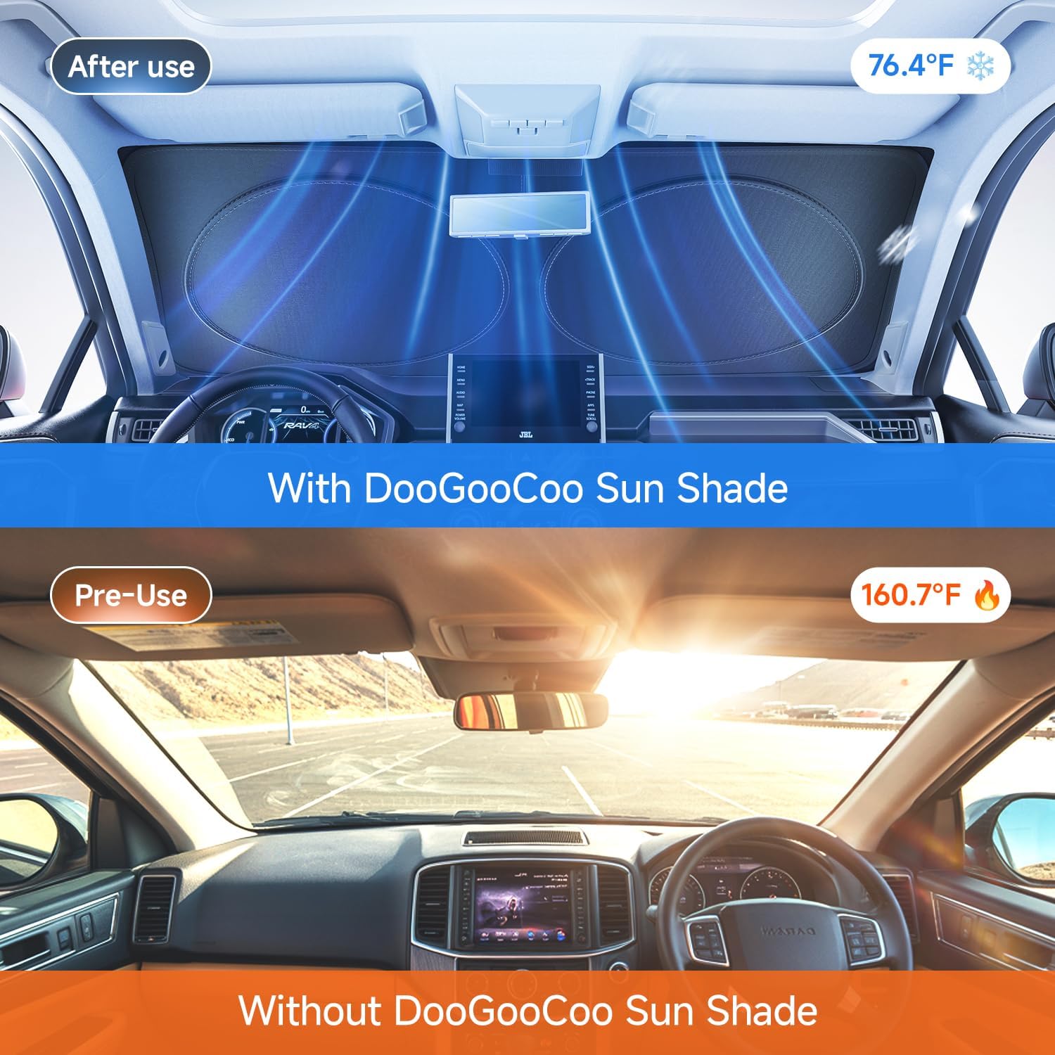 Thumbnail 1 de [Upgrade] DooGooCoo Windshield Sun Shade - Medium: 64x32 in, 99% Sunlight & UV Block, Quick Install