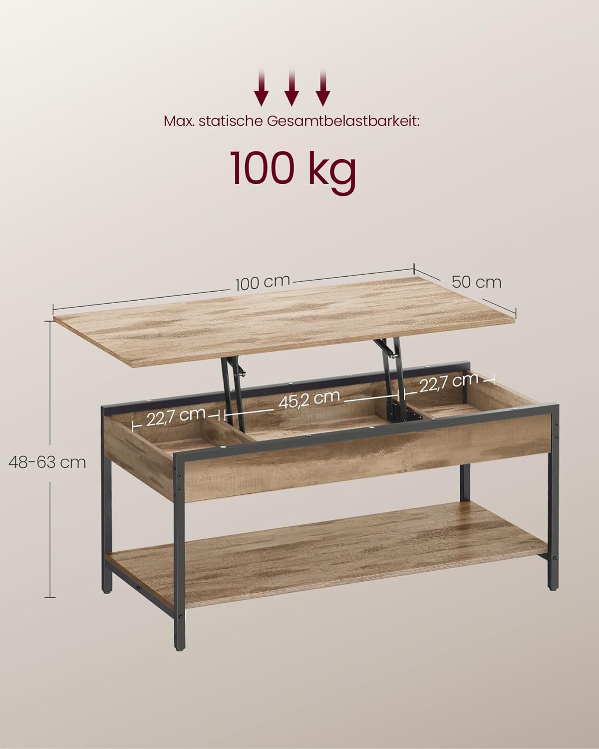 Thumbnail 2 de VASAGLE höhenverstellbarer Couchtisch LCT261LB02 im Industriestil mit Ablagefächern (50 x 100 cm)