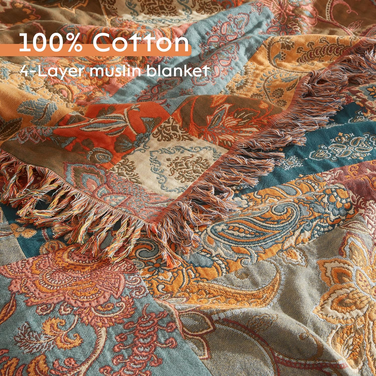 Detalle 2 de SE SOFTEXLY Boho Throw Blanket, Queen Size 80” x 90”, 4-Layer Cotton Muslin