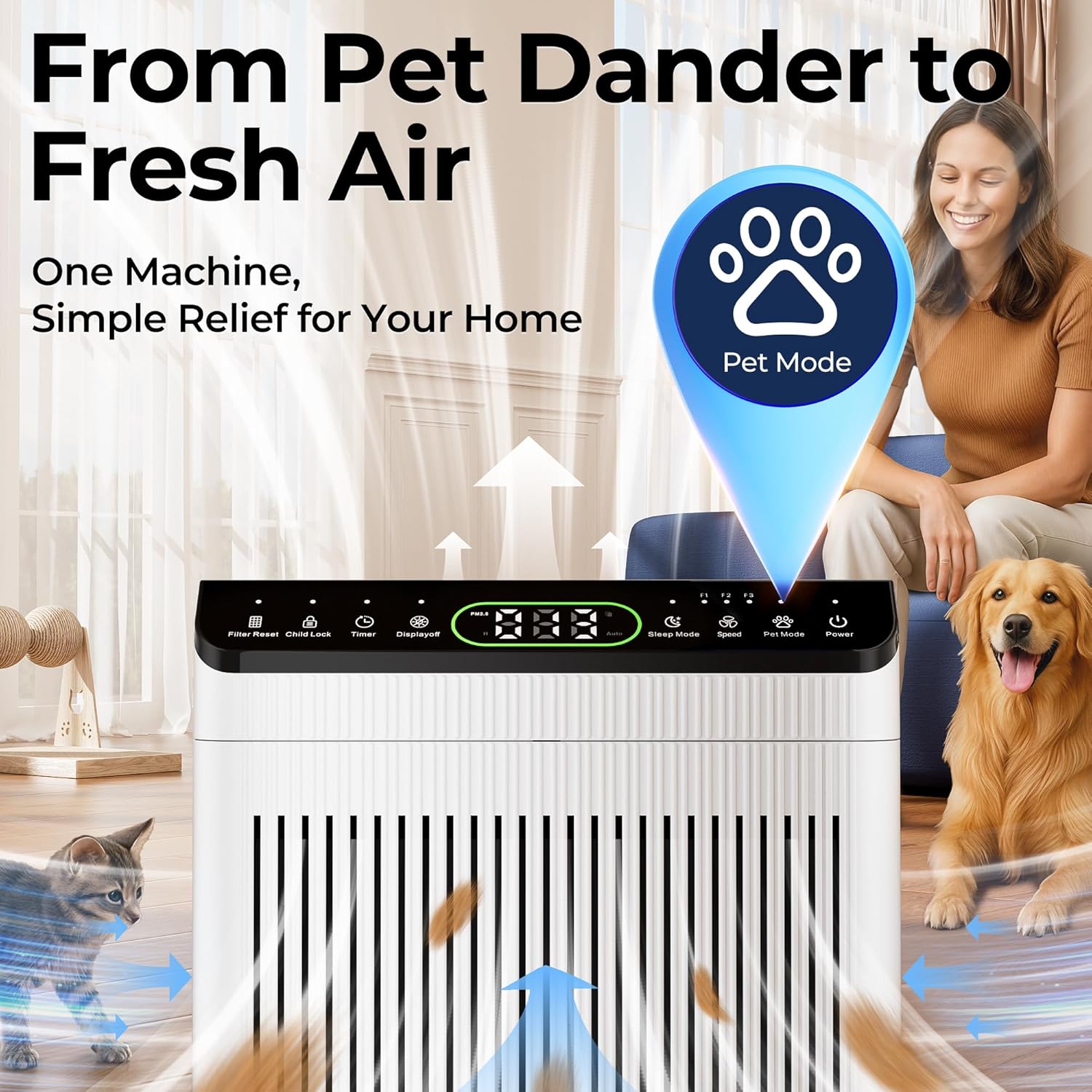 Detalle 2 de EVALIT Luftreiniger Allergiker (CADR 420 m³/h) für Raucherzimmer, 200 m², PM2.5 Anzeige, Haustiermodus & 24 dB Schlafmodus