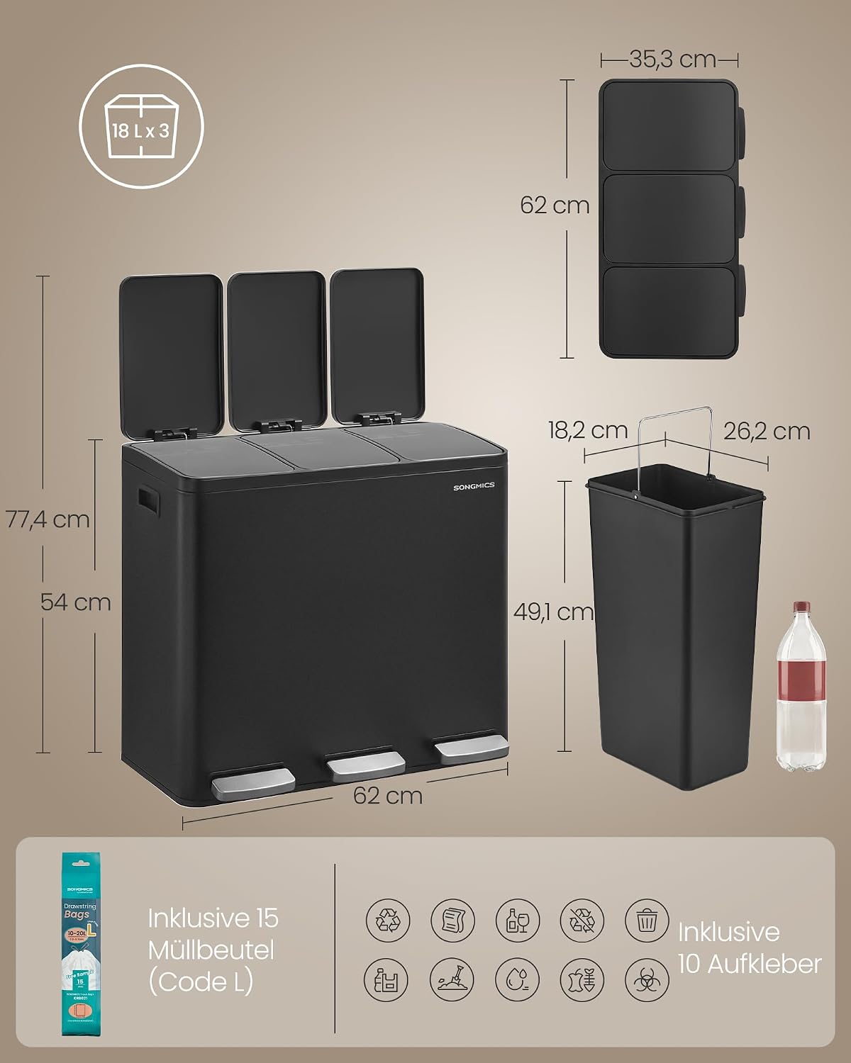 Thumbnail 6 de SONGMICS Mülleimer Küche, 3 x 18 L – dreiteiliges Mülltrennsystem mit Pedal, Softclose-Lid und herausnehmbaren Inneneimern