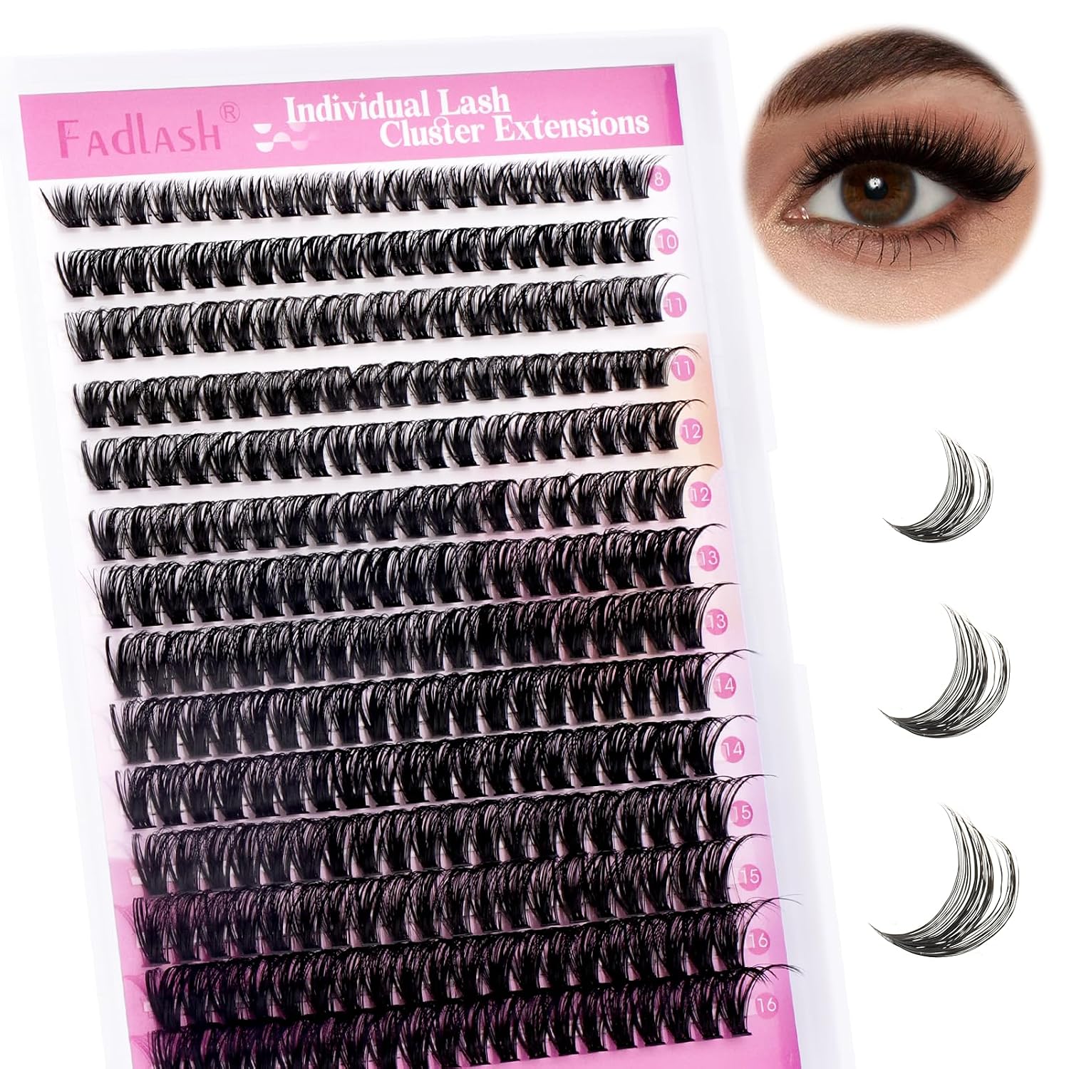Detalle de Fadlash DIY Wimpern Extensions 0.07 D-8-16mm 60D Einzeln Wimpern Cluster – Für Anfänger