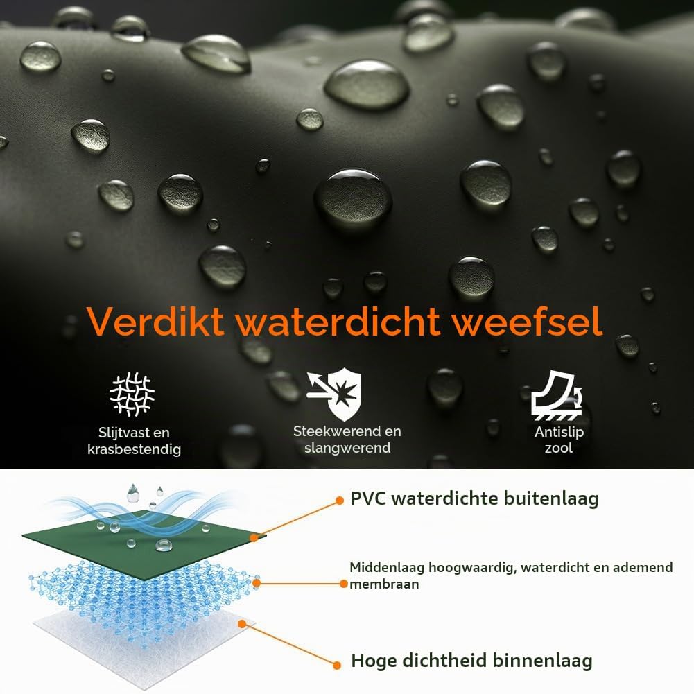 Detalle de AUYAO waadbroek met laarzen van PVC, gelaste naden en antislipzool