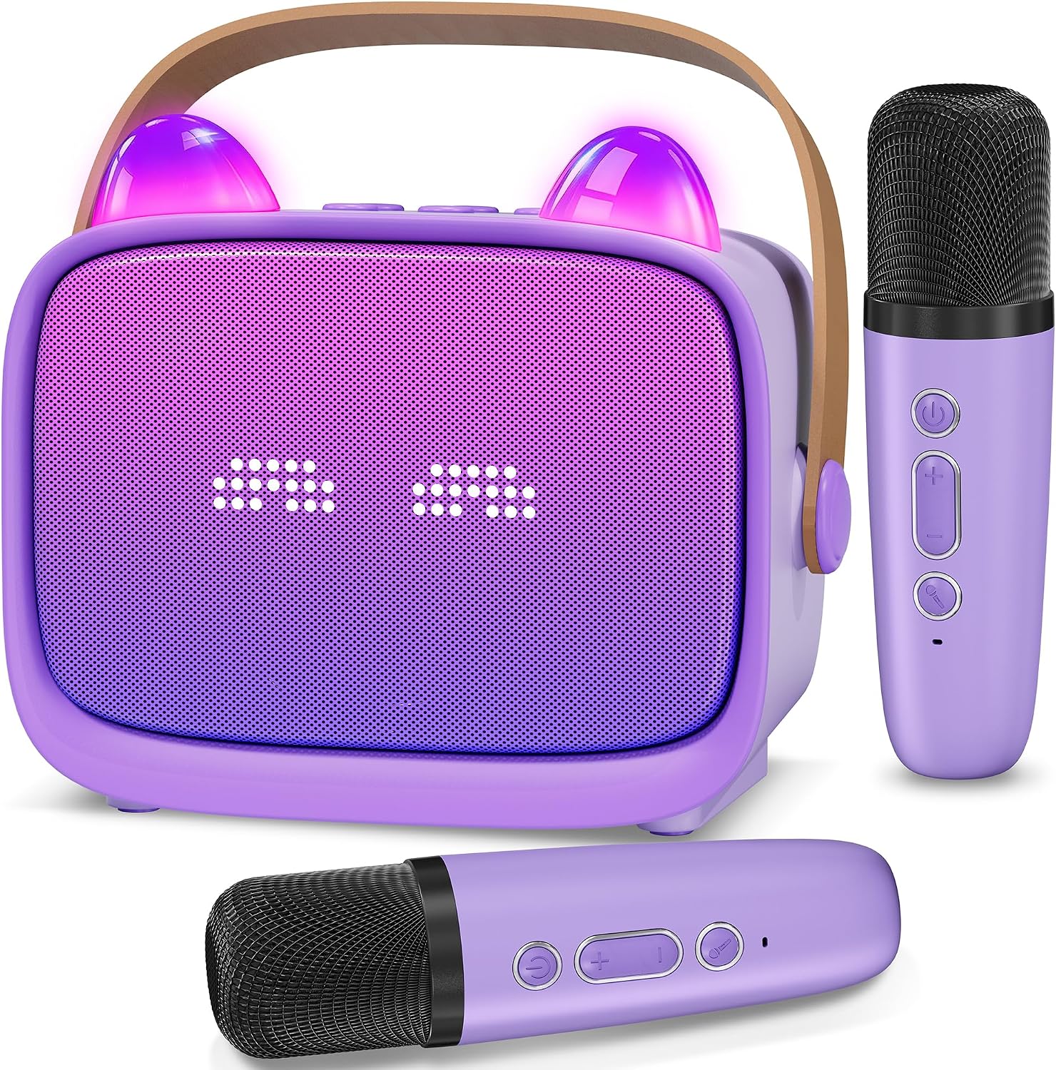 Detalle de Mini Karaoke Machine for Kids, Portable Bluetooth Speaker with 2 Wireless Microphones (Purple)