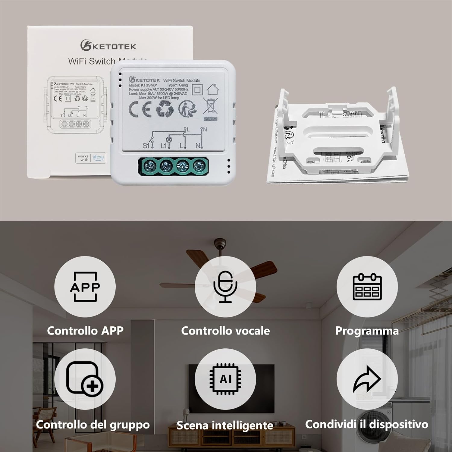 Thumbnail 1 de KETOTEK Relè Interruttore Smart WiFi 16A 1 Gang/1-2 vie con Alexa (richiede filo di neutro)