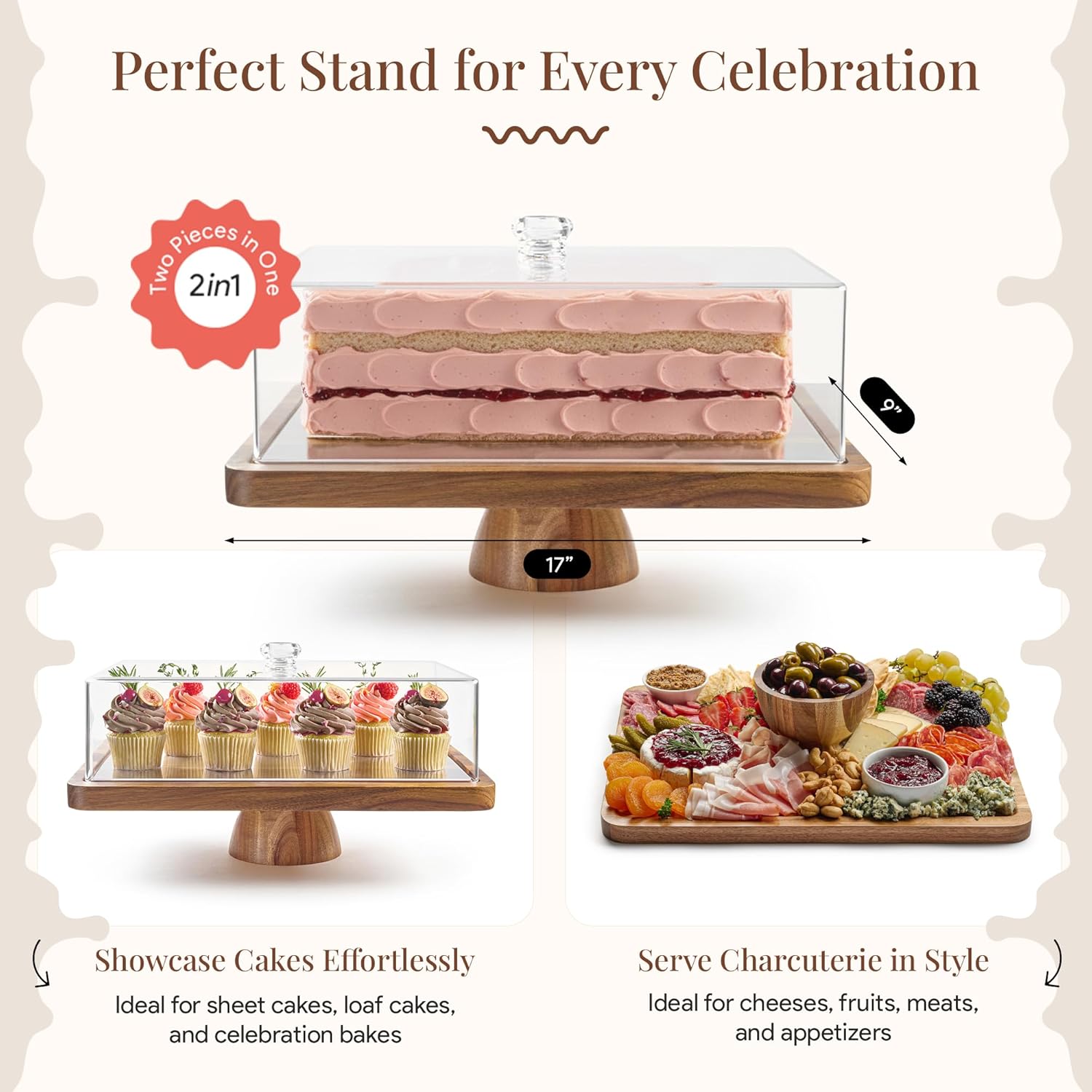 Detalle 2 de HOMESPHERE Acacia Wood Cake Stand 4" 🍰