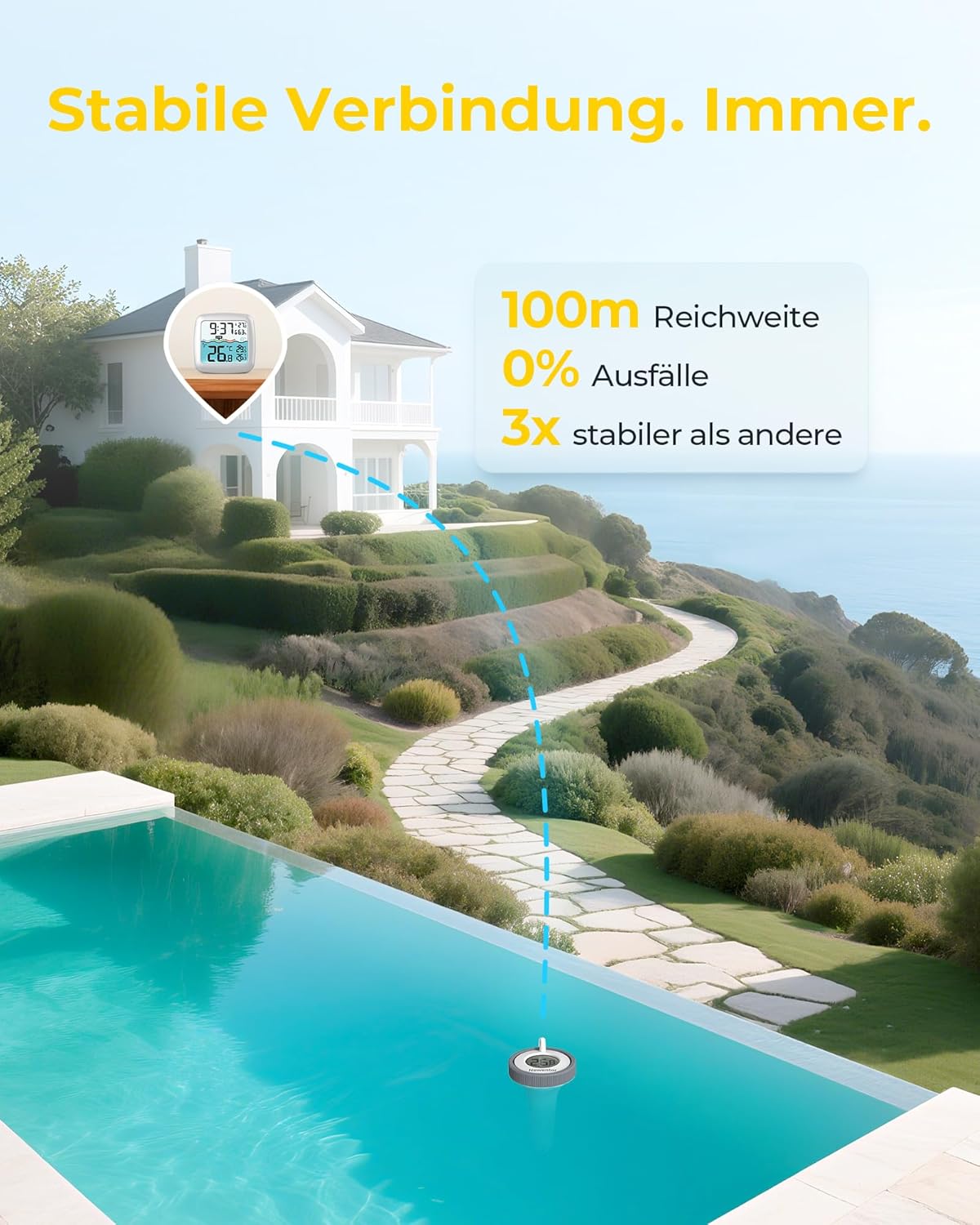Detalle de Newentor Funk Poolthermometer – 4-fach, wasserdicht, Reichweite bis 100 m, schwimmend mit Basisstation