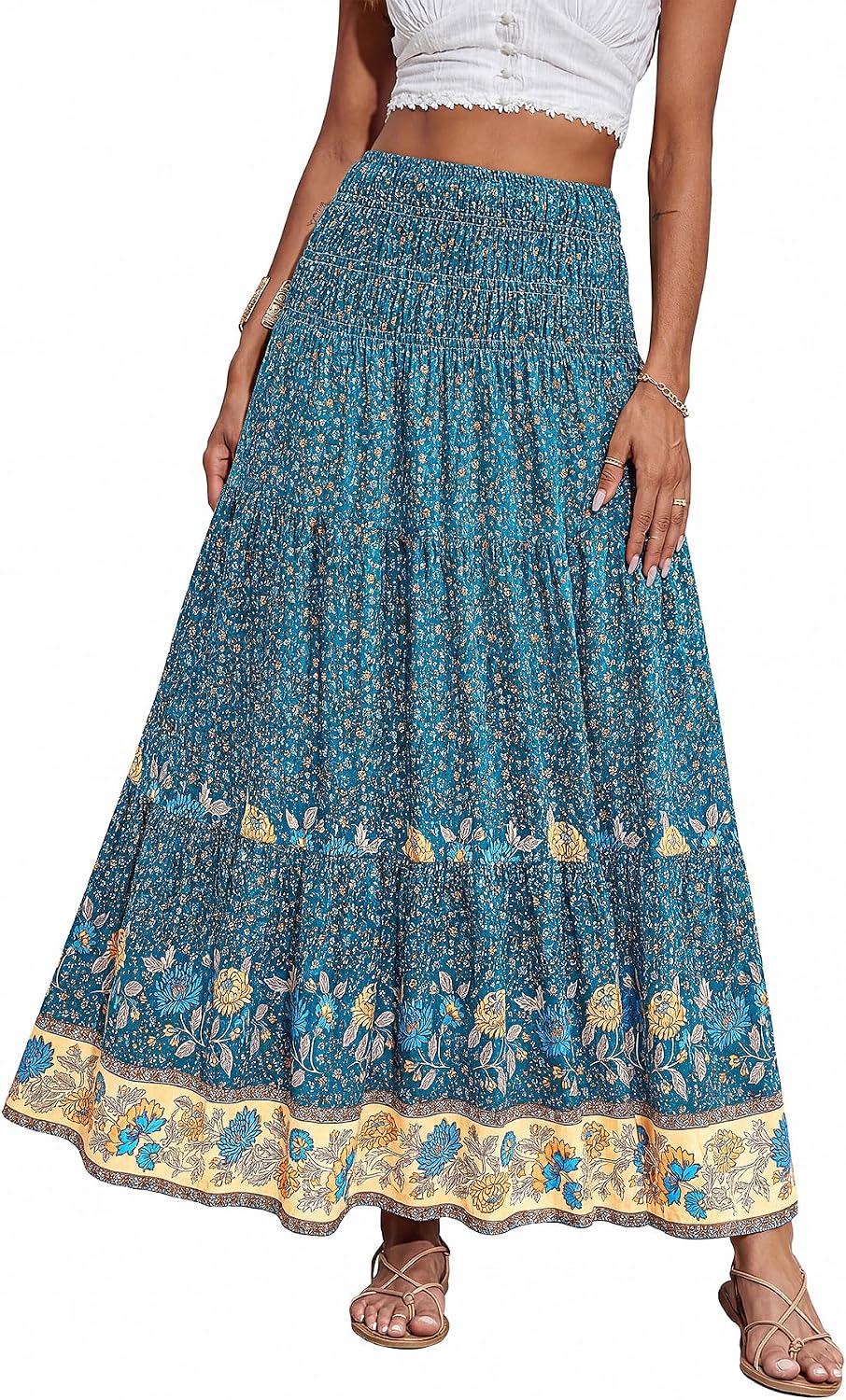 Detalle de CFLONGE Summer Maxi Skirts for Women 2026 – Floral High-Waist Boho A-Line Maxi