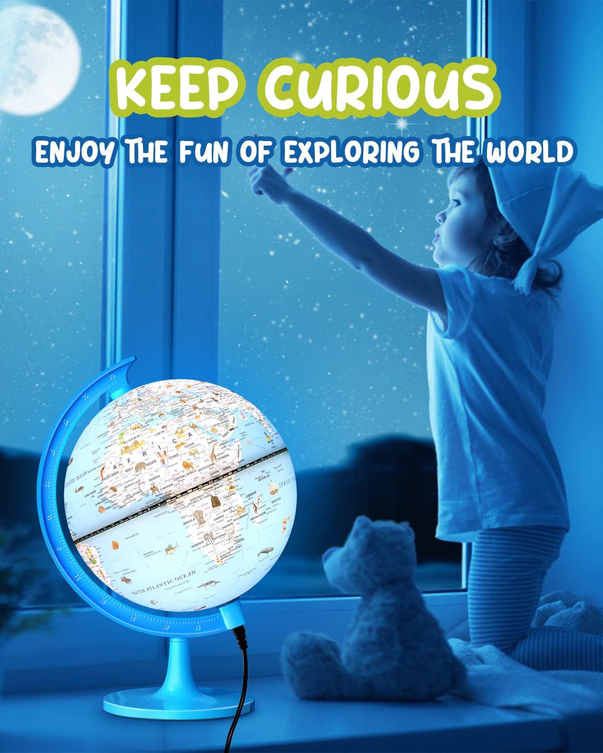 Thumbnail 6 de JOWHOL Illuminated Animal Globe for Kids – USB‑Powered 20 cm Educational Globe (Blue)