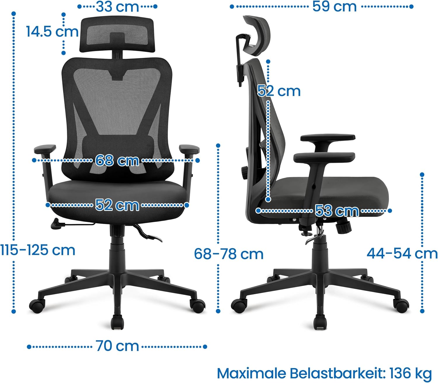 Detalle de Yaheetech Bürostuhl ergonomisch mit verstellbarer Kopfstütze, Armlehnen und 90°–130° Neigung