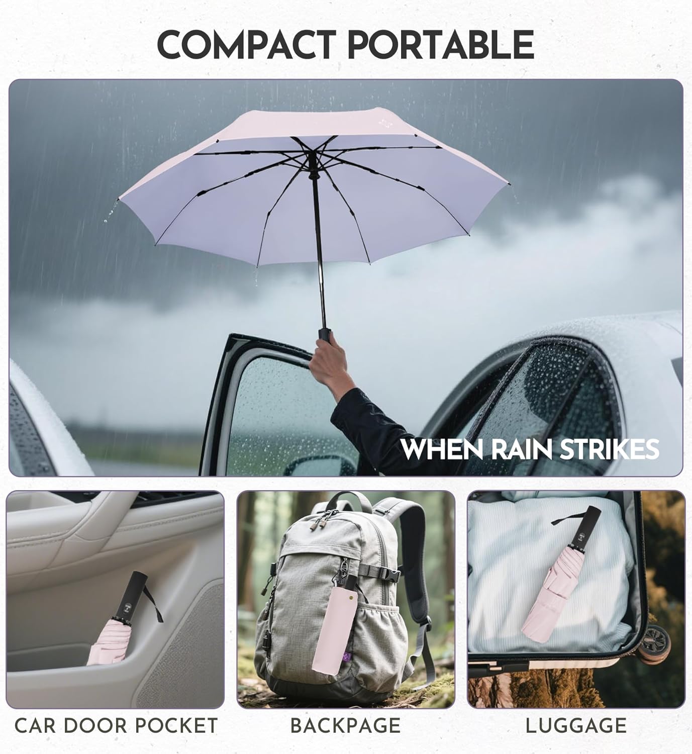 Detalle de LILAC Windproof 43-Inch Travel Umbrella: Compact, UV-Protective & Inversion-Resistant