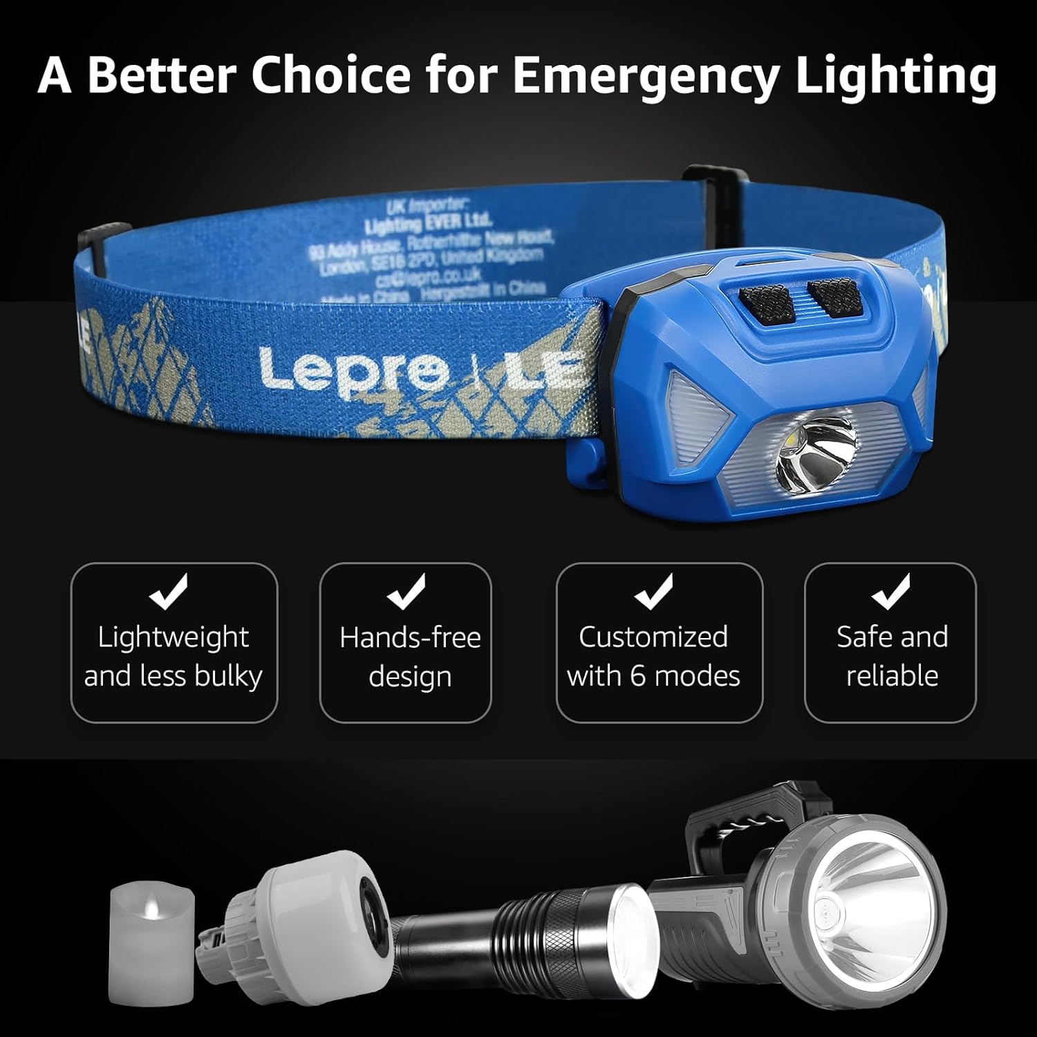 Detalle de Lepro Stirnlampe 1300 Lux LED XPG Kopflampe – 2er Set (Blau) mit 6 Lichtmodi, IPX4