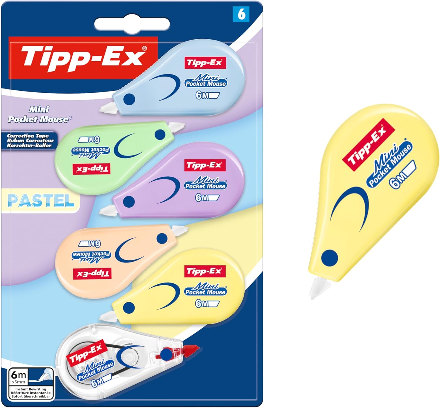 Detalle de Tipp-Ex Mini Pocket Mouse Pastel: confezione da 6 nastro correttore 6 m x 5 mm