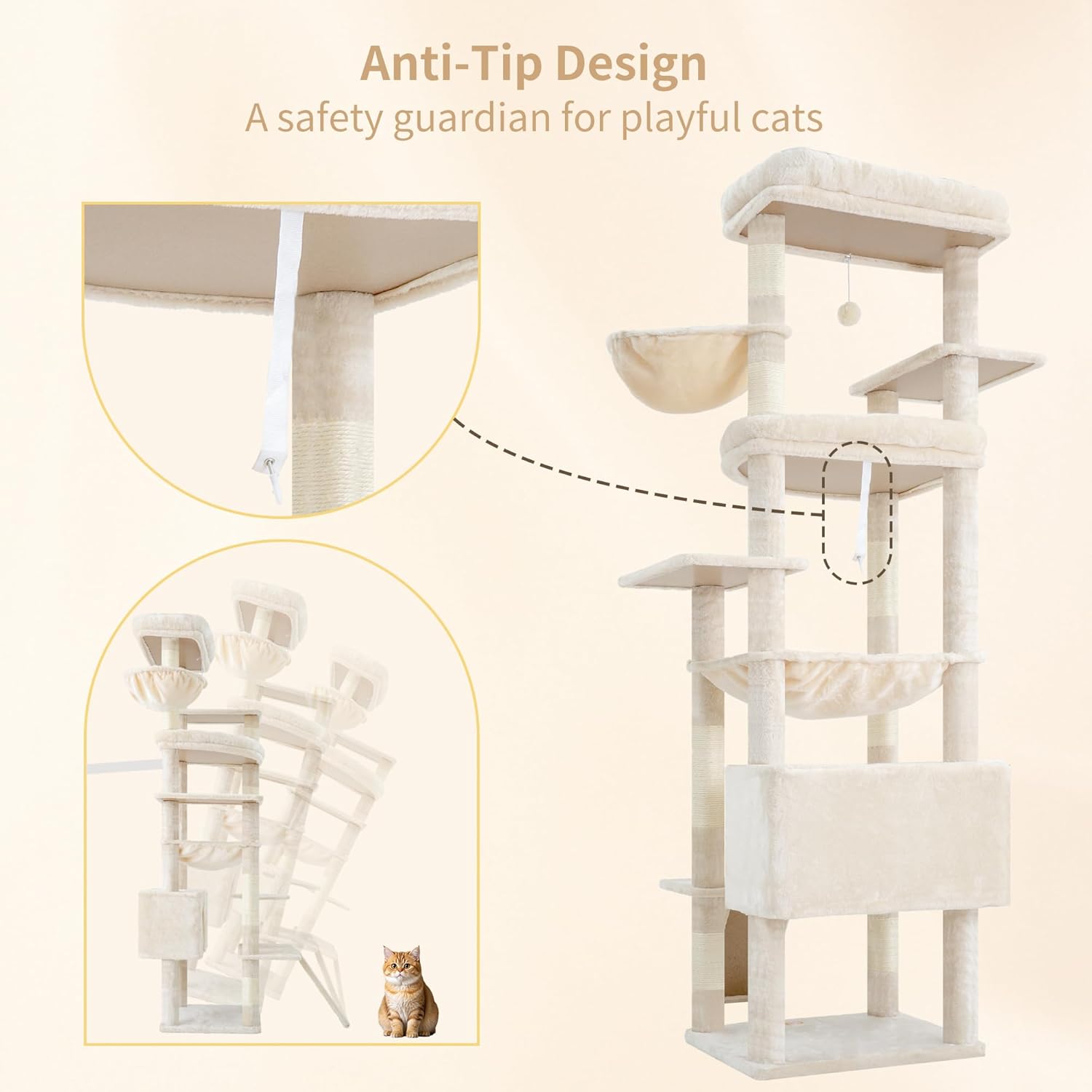 Thumbnail 6 de Heybly Tall Cat Tree for Large Cats (202 cm) – Multi-Level Indoor Cat Tower with Large Baseboard, Two Plush Top Perches and Big Condo