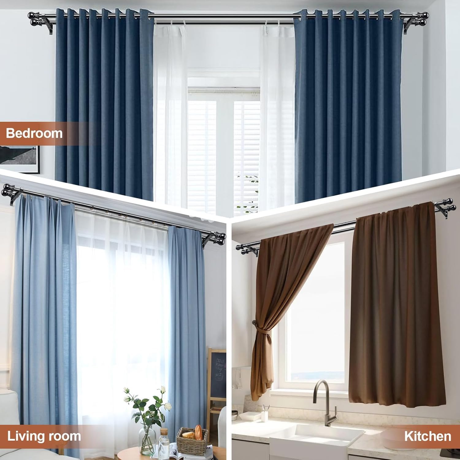Thumbnail 6 de CALCHELE Black Double Curtain Rod, 1-Inch Stainless Steel, Adjustable Wall-Mounted Set