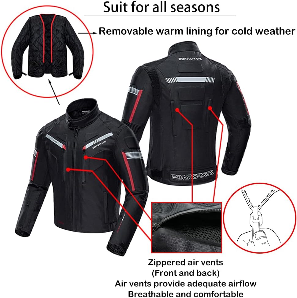 Detalle 2 de Zyxformis Motorradjacke Herren – Wasserabweisend, Winddicht, CE-Protektoren und Allround-Einsatz
