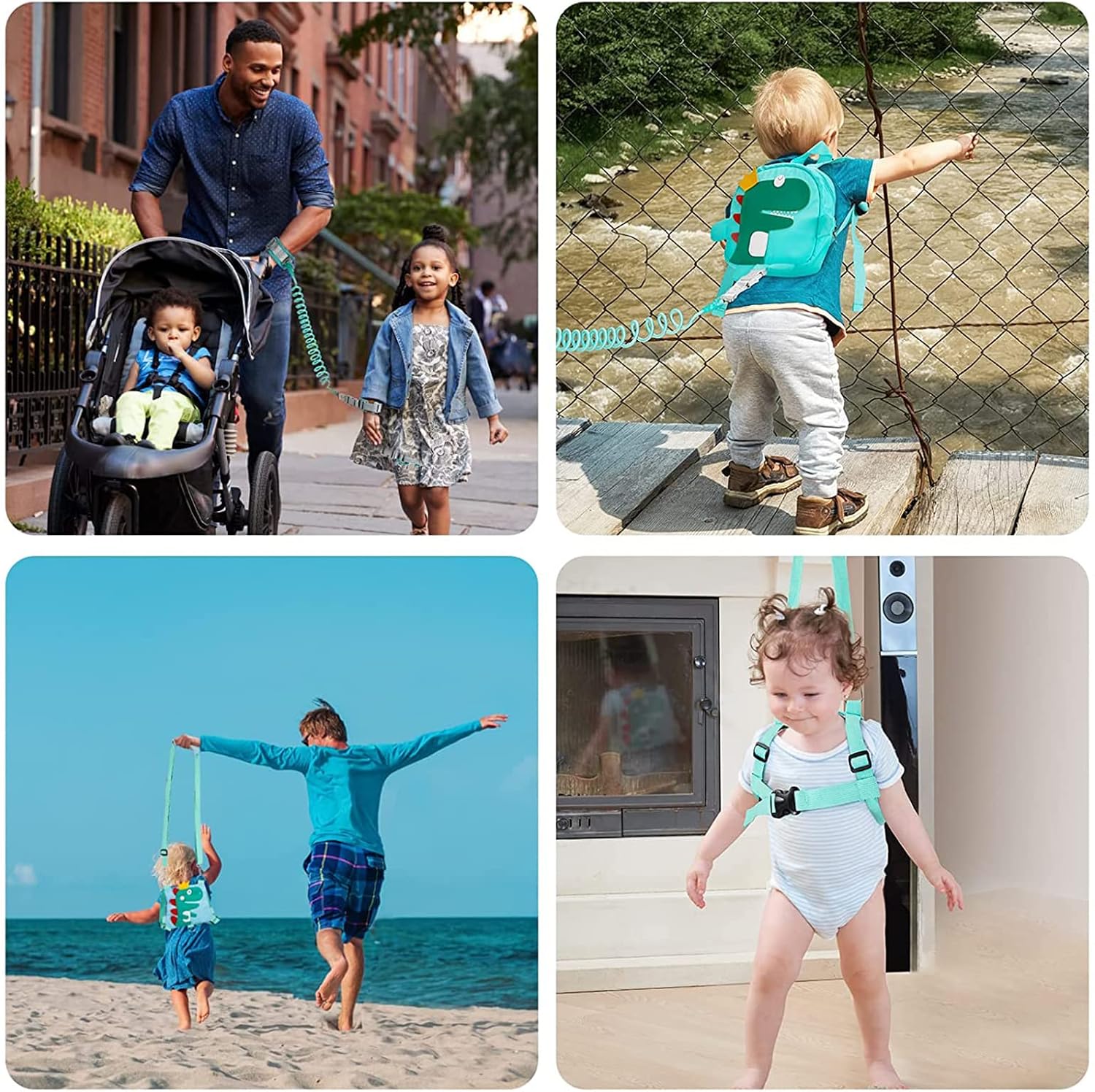 Detalle de Funsland 4-in-1 Baby Walking Harness with Dinosaur Backpack and 360° Anti-Lost Wrist Link – Green