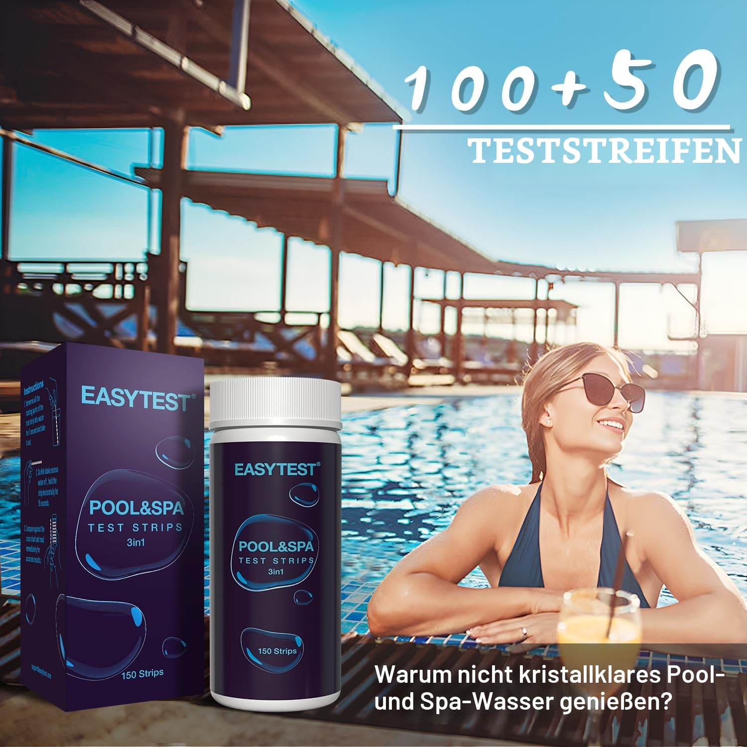 Detalle de EASYTEST 3-in-1 Pool-Teststreifen für Spa – pH, freies Chlor, Brom & Alkalinität (150 Stäbchen)