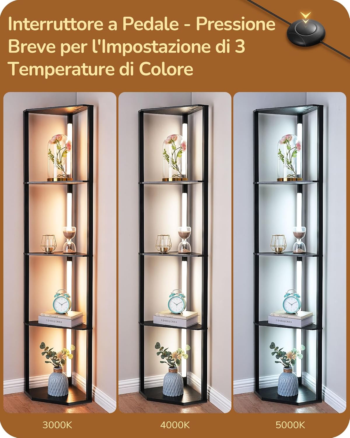 Thumbnail 2 de EDISHINE Lampada da Terra con Ripiani 2-in-1: illuminazione e scaffalatura in nero