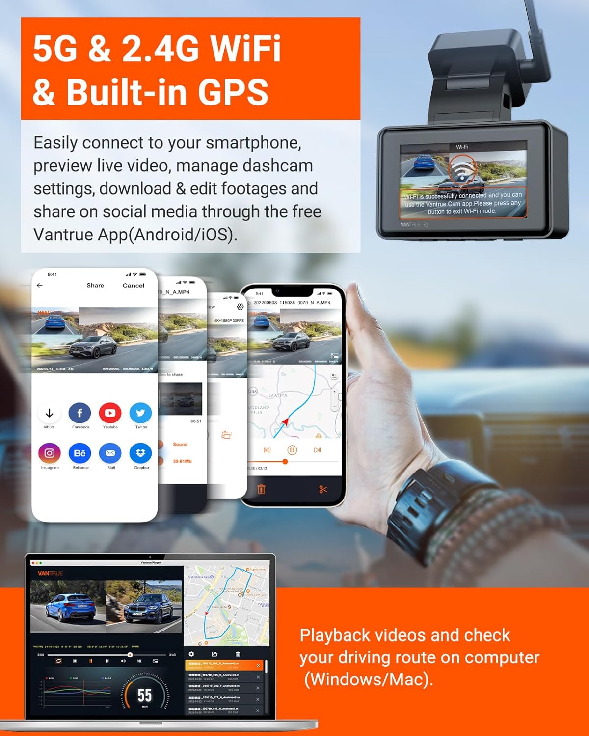 Thumbnail 3 de Vantrue E2 Dash Cam Front and Rear — 2.7K + 2.7K Dual Dash Camera